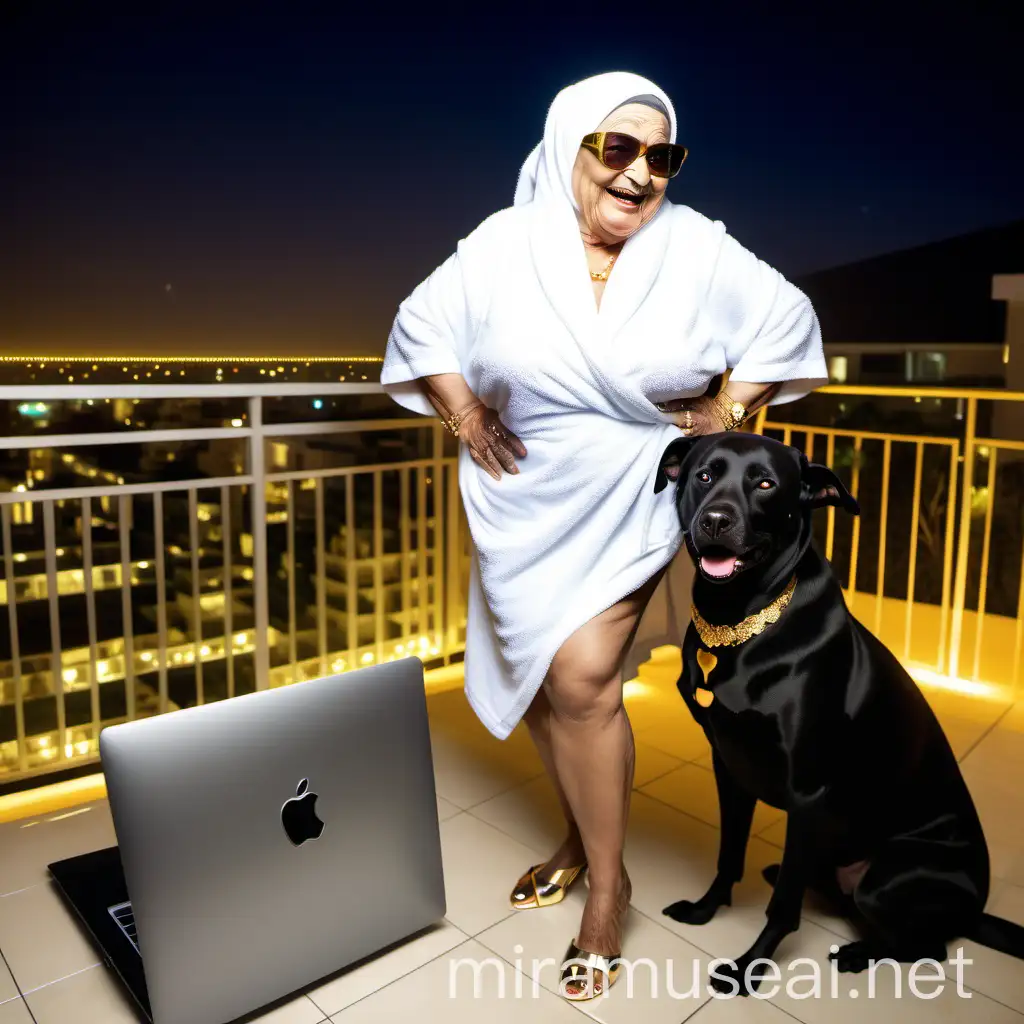 Elderly Muslim Woman Exercising with a Dog on Luxurious Balcony at Night