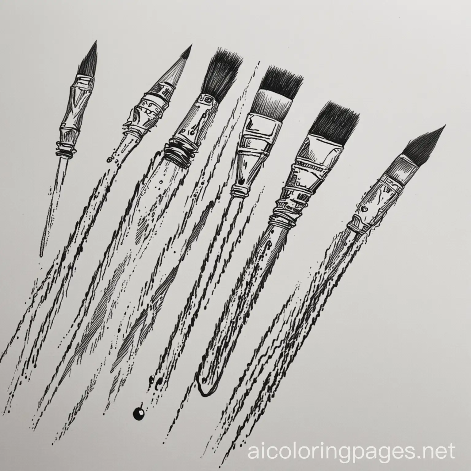 water color brushes, Coloring Page, black and white, line art, white background, Simplicity, Ample White Space. The background of the coloring page is plain white to make it easy for young children to color within the lines. The outlines of all the subjects are easy to distinguish, making it simple for kids to color without too much difficulty