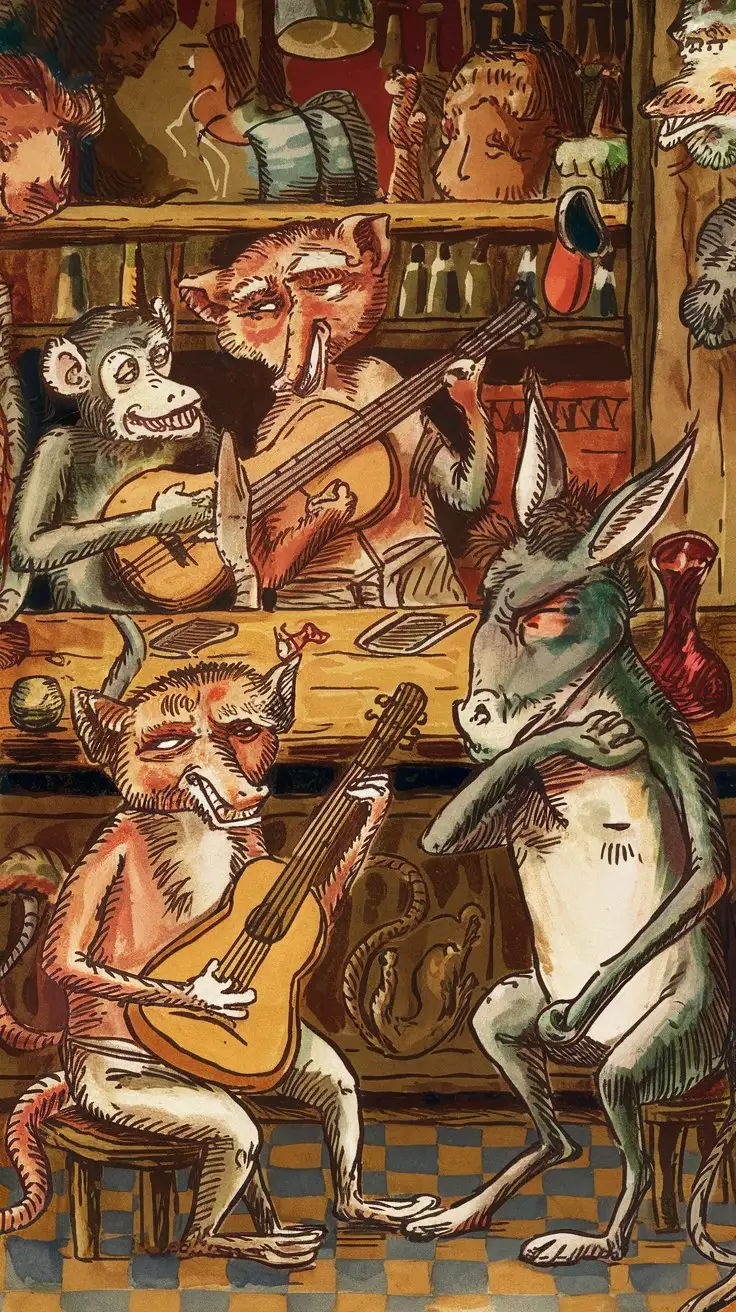 Medieval marginalia, anthropomorphic animals, monkeys and foxes, playing musical instruments and kissing an ass, grotesque, comical, ink and parchment, dimly lit tavern, medieval manuscript style, detailed, art by medieval marginalia artists and Ralph Bakshi --ar 16:9 --v 5.2 --style raw --weird 300
