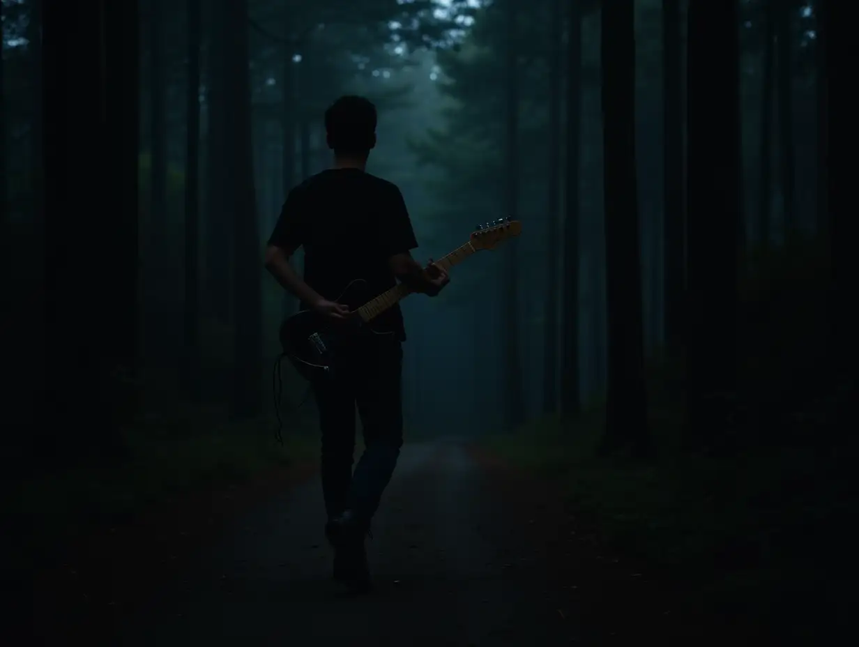 walking in forest at night playing black guitar