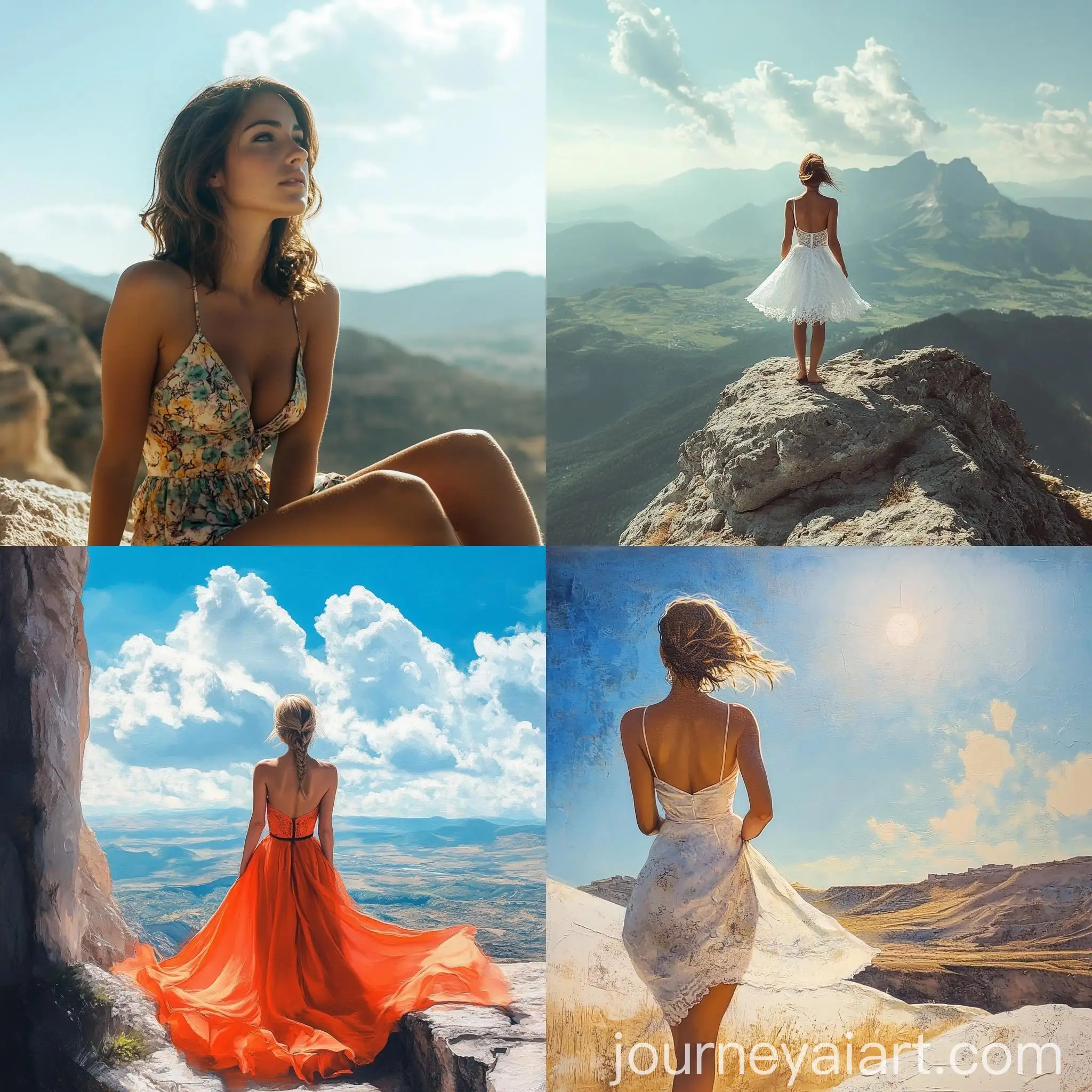 Woman-in-Elegant-Dress-on-Sunny-Day-with-Mountain-Horizon