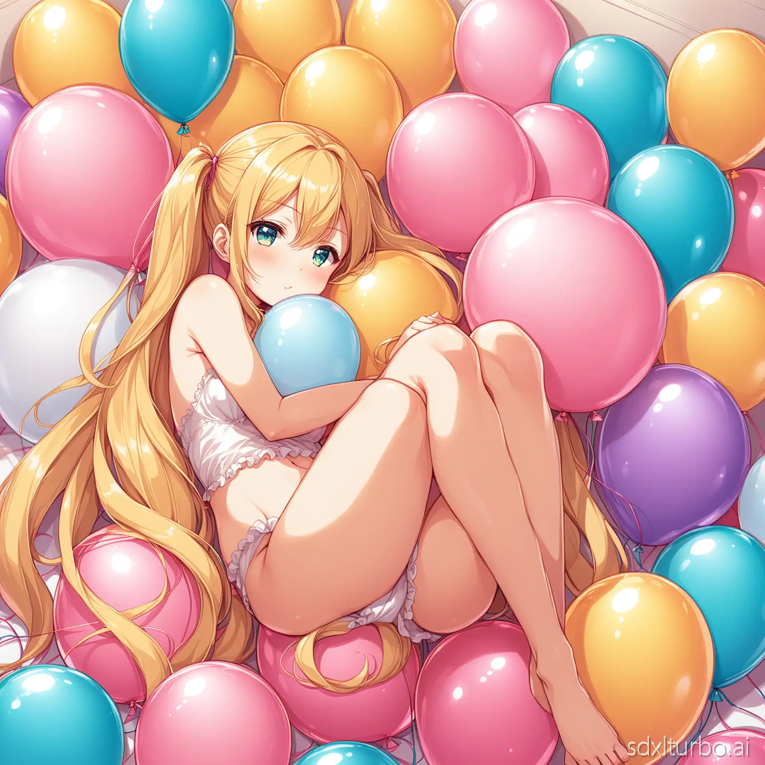 Anime style. Scantily clad tall girl with blonde long hair with twintails, lying on a balloon, and hugging a large balloon. Many large balloons float in the background, filling the room.
