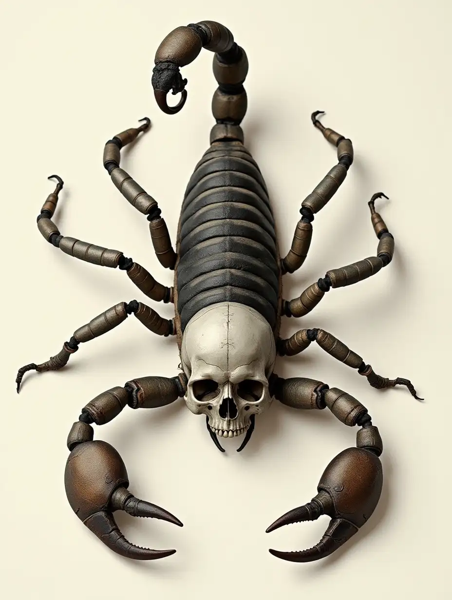 a scorpion with a human skull instead of a head, upside down, the orbital sockets of the skull are directed into the lens, the scorpion is depicted vertically in composition, the claws are open horizontally 90 degrees, as if it were a cross