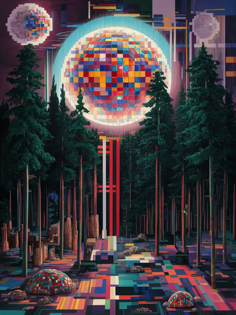 bubble moon, forest, realism, yayoi Kusama style, future, futuristic, pixels, web 3, pete Mondrian style, abstraction, painting