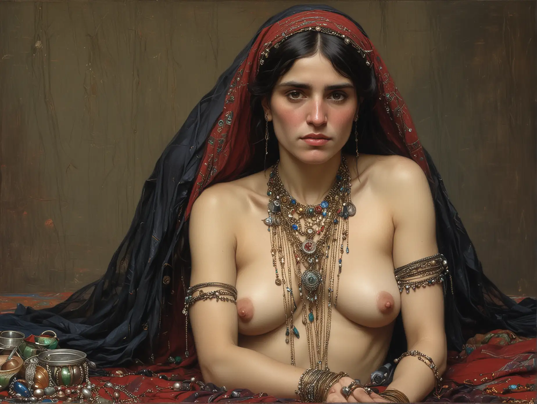 Portrait-of-Mature-Gypsy-Veiled-Topless-with-Ornate-Jewelry