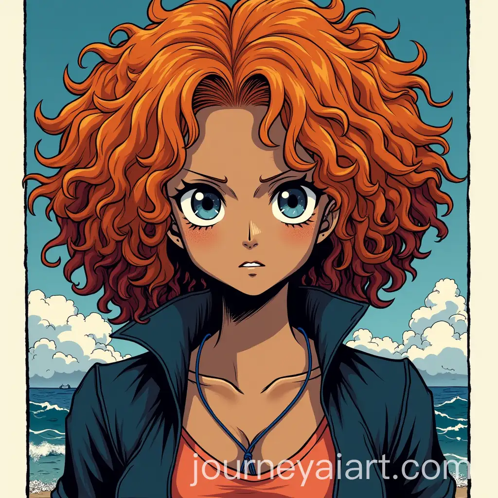 One-Piece-Original-Character-Black-Female-with-Curly-Ginger-Hair-andAI-Art-Prompt-Expansion-Dark-Blue-Streak