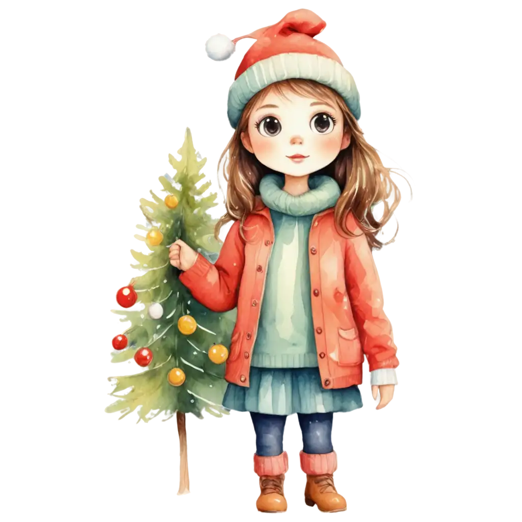 Stunning-PNG-Clipart-Cozy-Winter-Cartoon-Girl-Decorating-a-Christmas-Tree