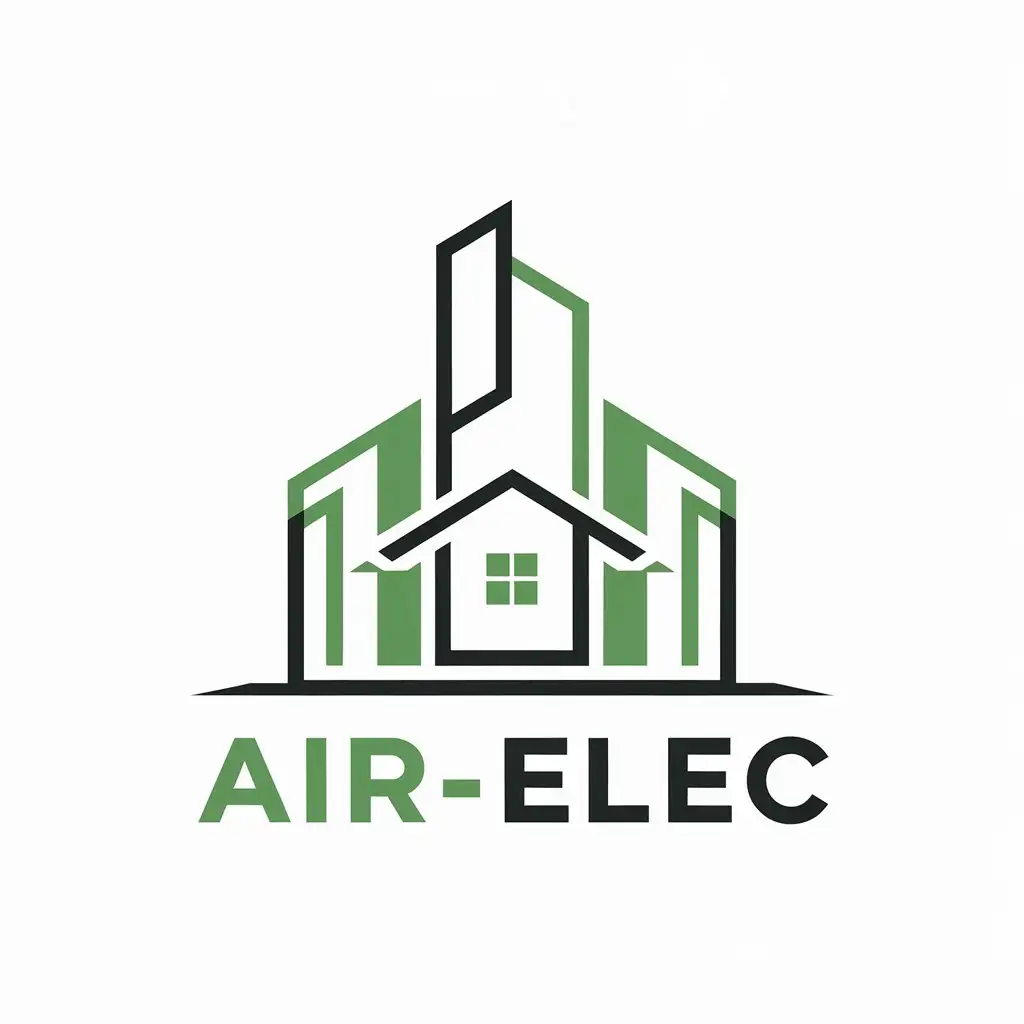 a vector logo design,with the text "Air-Elec", main symbol:Ensemble of building with a smart house inside, for an electricity company, in green and black color with a flat design and a transparent background,Minimalistic,be used in Construction industry,clear background