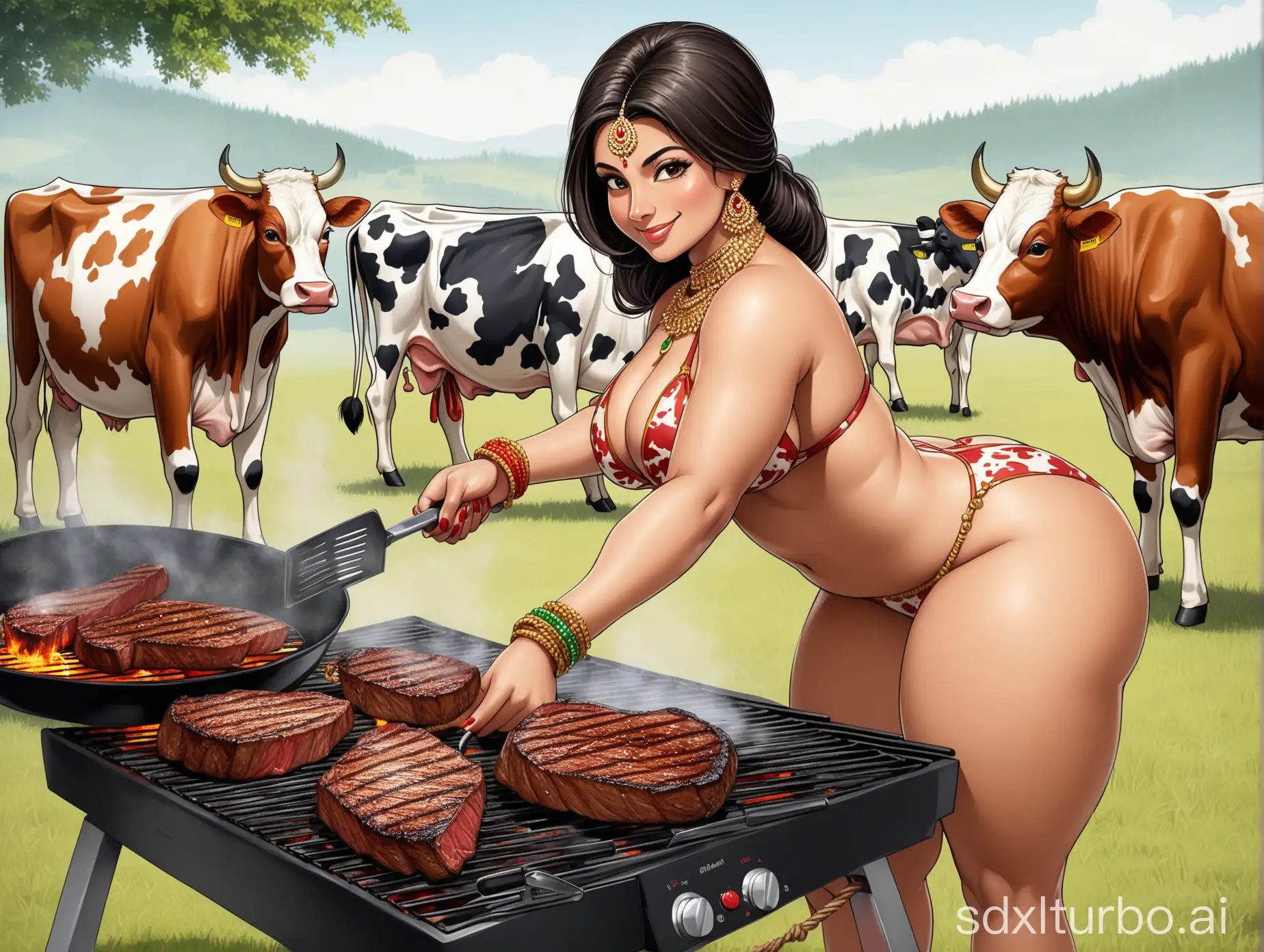 Indian-Woman-Cooking-Steak-with-Cows-in-Rural-Setting