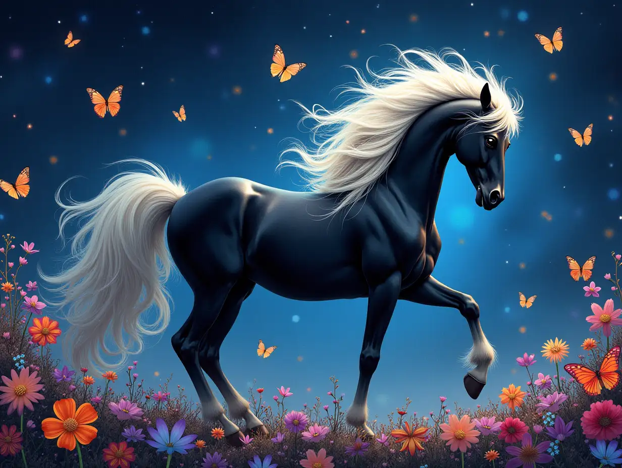 A black horse with a flowing white mane, surrounded by colorful, iridescent butterflies and intricate floral patterns, set against a starry night sky, evoking a magical and enchanting atmosphere. Natural and Digital art with a realistic 