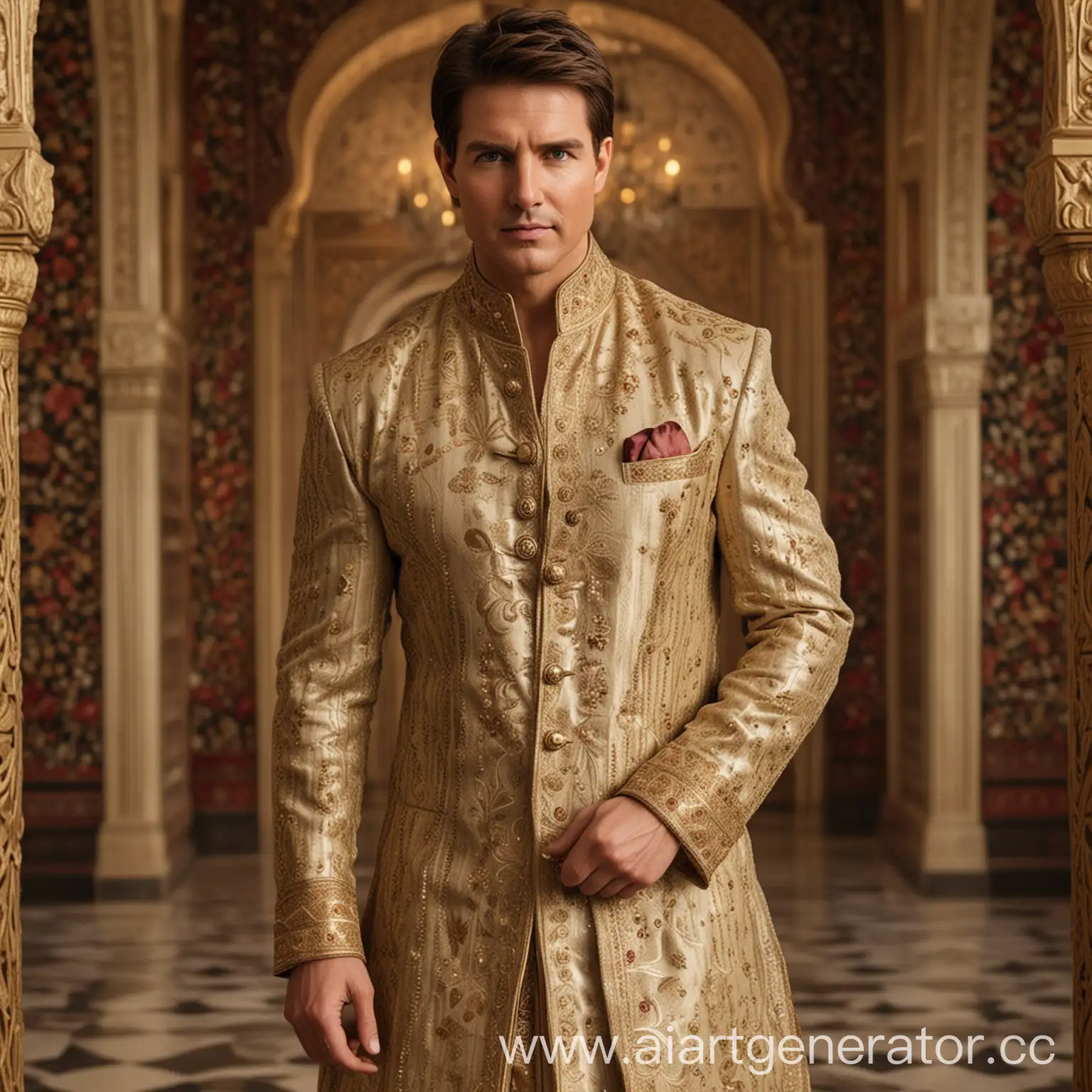 Tom-Cruise-in-Opulent-Indian-Sherwani-with-Gold-Detailing