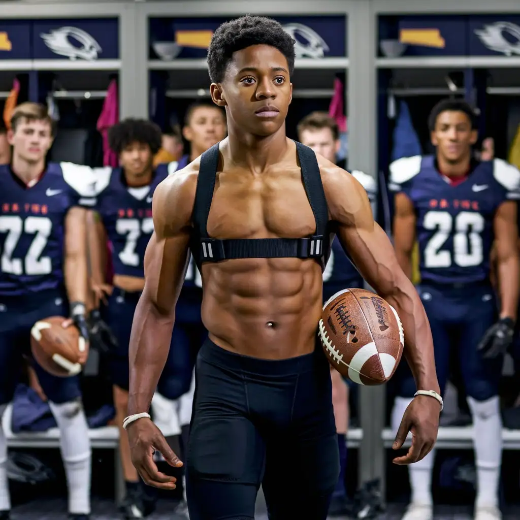 Muscular Teen Athlete in School Locker Room with Teammates and Football