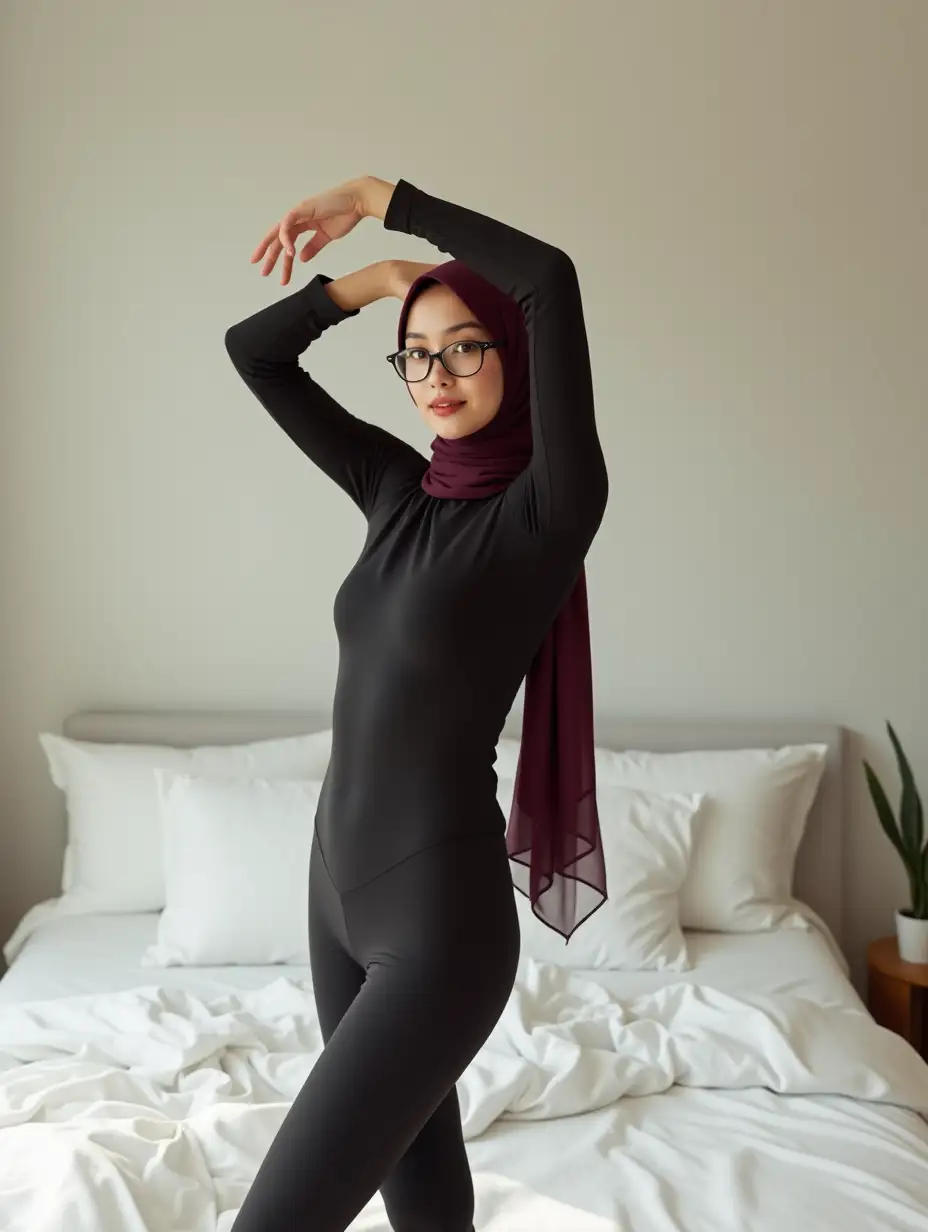 Serene-20YearOld-Asian-Woman-in-Maroon-Hijab-Performing-Stretch-in-Minimalist-Bedroom