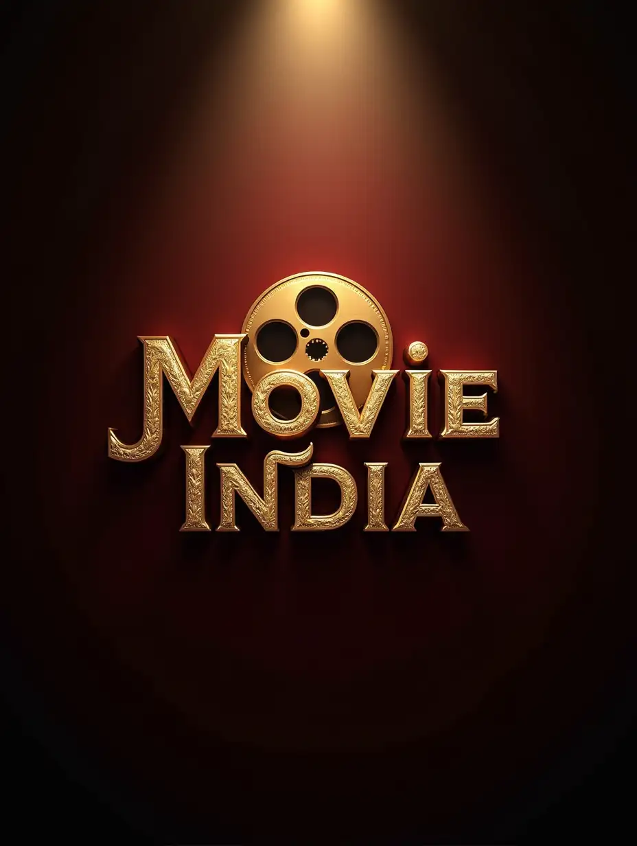 Create a hyper-realistic logo for 'Movie.India' that exudes cinematic grandeur and professionalism. Use ultra-detailed metallic gold lettering with intricate engravings, paired with deep red accents for a dramatic and luxurious effect. Incorporate a hyper-realistic film reel or a camera lens seamlessly into the design, with reflective surfaces and light flares for added realism. Add a glowing spotlight effect in the background, casting soft shadows and creating depth. Subtly integrate an artistic map of India or tricolor gradient details, ensuring a balance between creativity and elegance. The logo should feel immersive, dynamic, and visually stunning, embodying the essence of India's film industry.