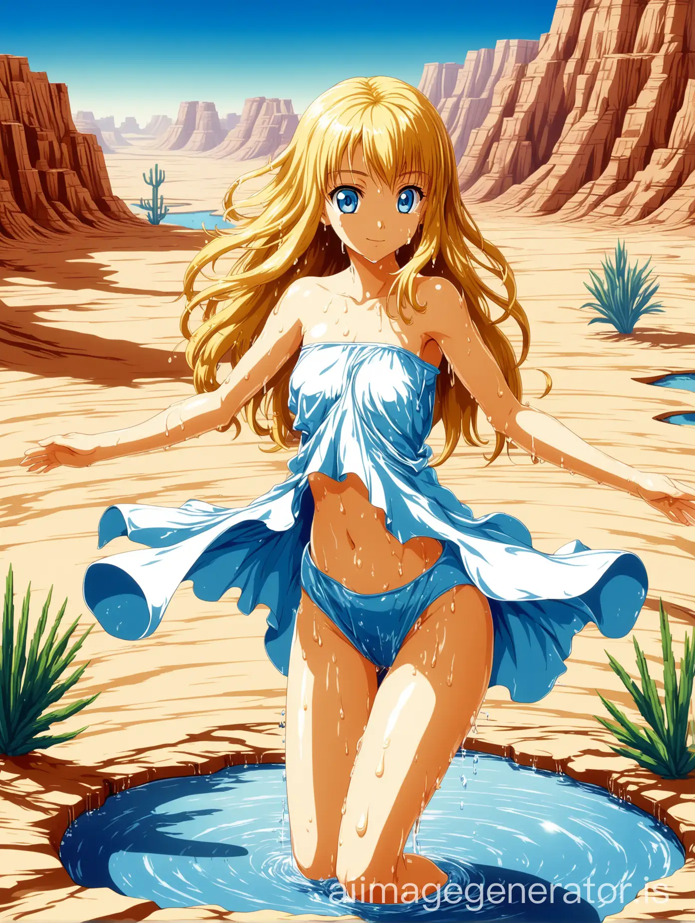 PC98 game CG, official style; high resolution, high quality, natural contrast, light golden flowing hair, sea blue eyes, blush, glossy skin, bare shoulder, waist, navel, thigh, leg, feet, neat figure, wet, dancing, swinging arms, looking at viewer, desert, plants , bathing , small lake, sky, day, light, shadow, liquid, shining, mirage, desert creatures.