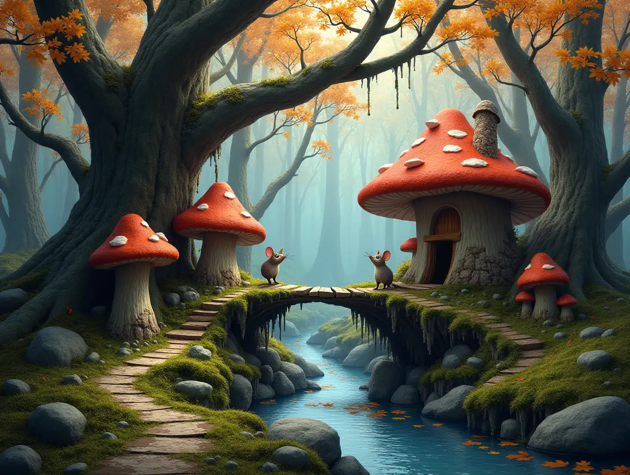 Extremely realistic autumn image with very high quality and definition in details and textures of a deep magical forest, with mushroom-shaped houses inhabited by mice and connected to each other by extremely realistic wooden hanging bridges, under the bridges rivers, ground full of extremely realistic green moss and in areas of the bark, lichens and snow between the bark of the thick, twisted, century-old trees, from whose branches hang realistic ice suckers.