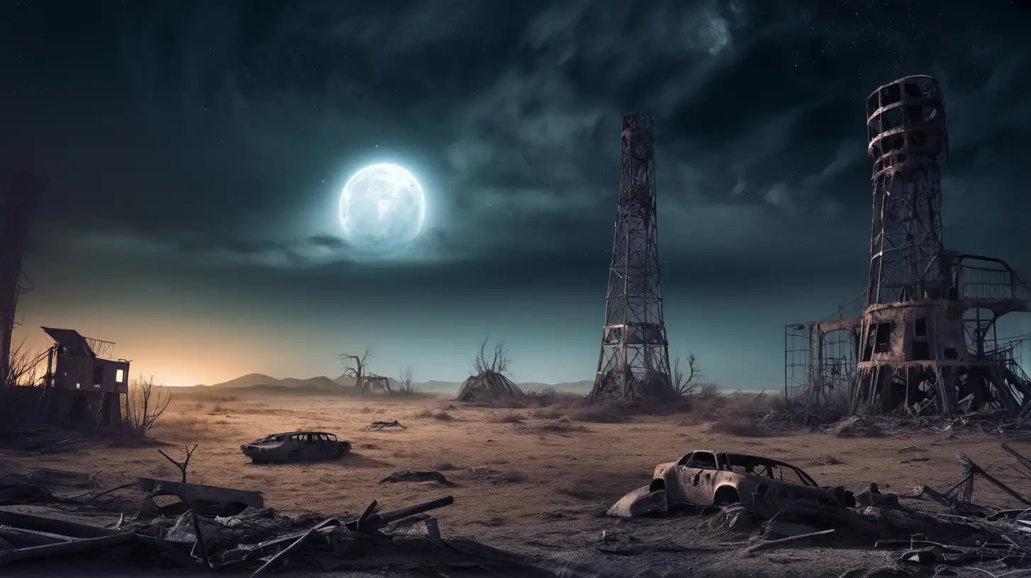 Eerie PostApocalyptic Night Scene with Ruins and Radiant Sky