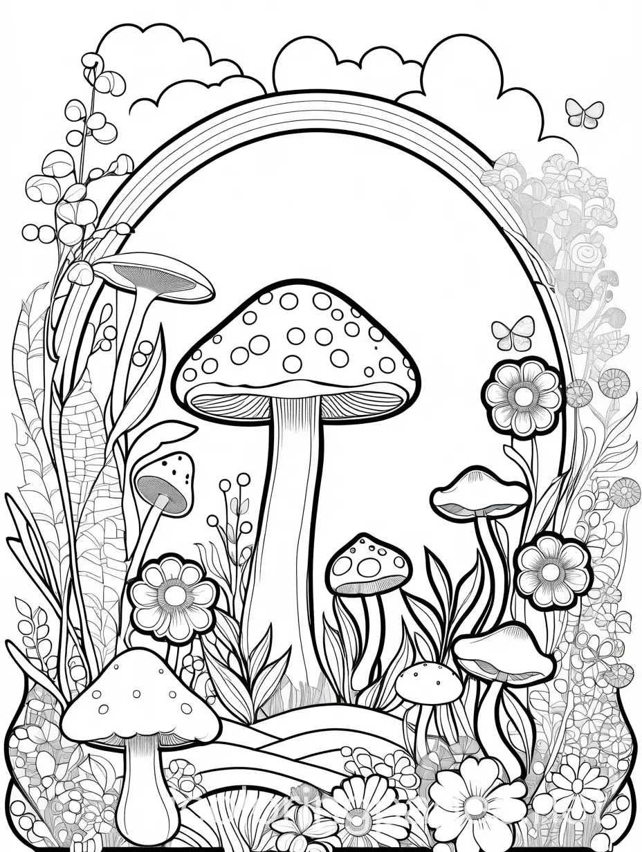 Beautiful-Flower-Bed-with-Mushroom-Coloring-Page-for-Kids