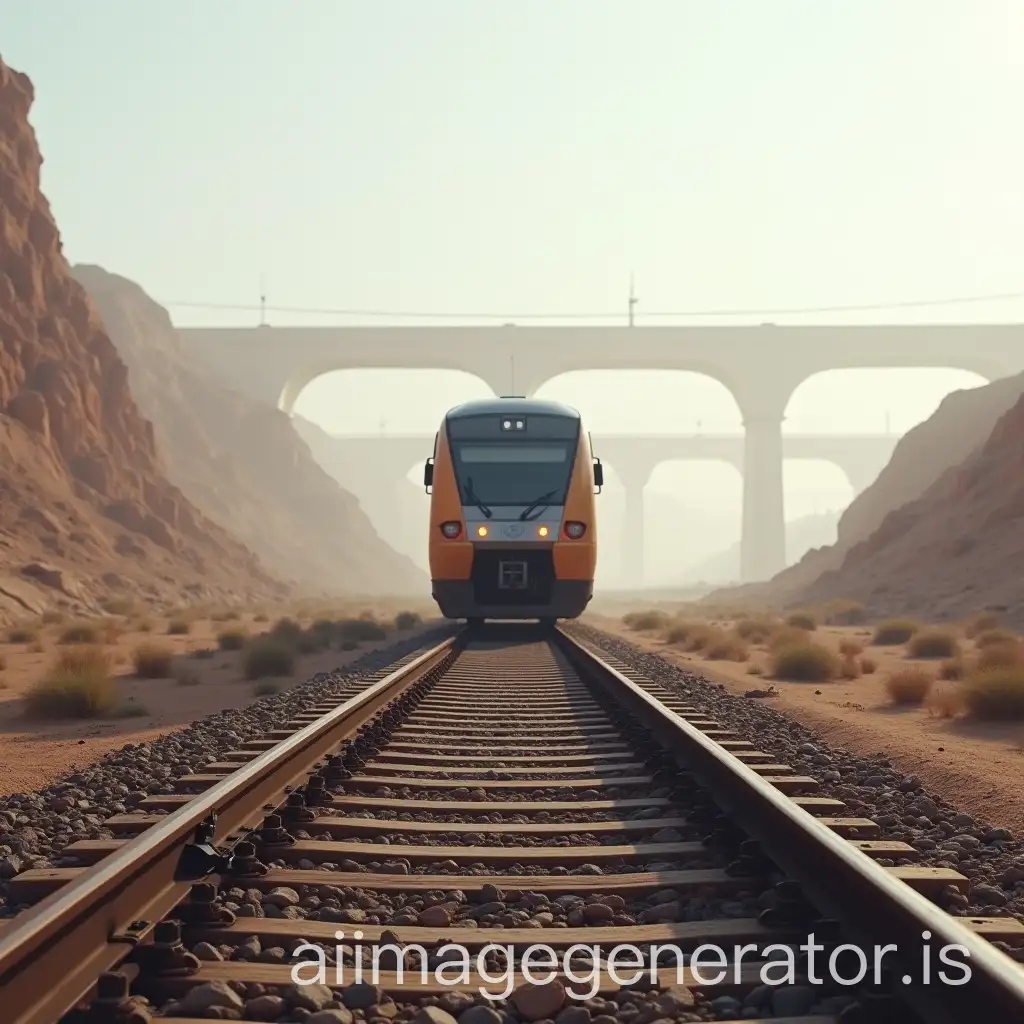 Modern-Train-on-Railway-Track-in-Desert-with-Viaduct-and-Fog