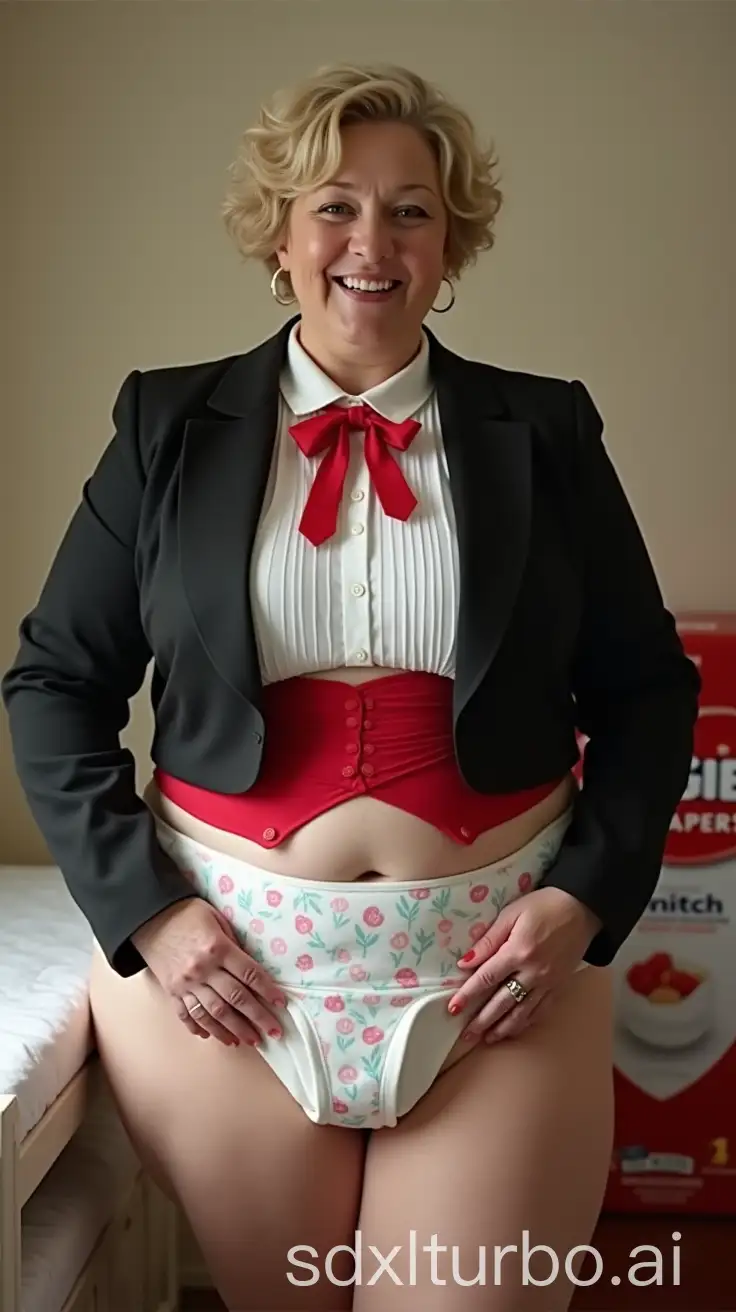 Joyful-MiddleAged-Woman-in-Formal-Tuxedo-at-Nursery-Changing-Table