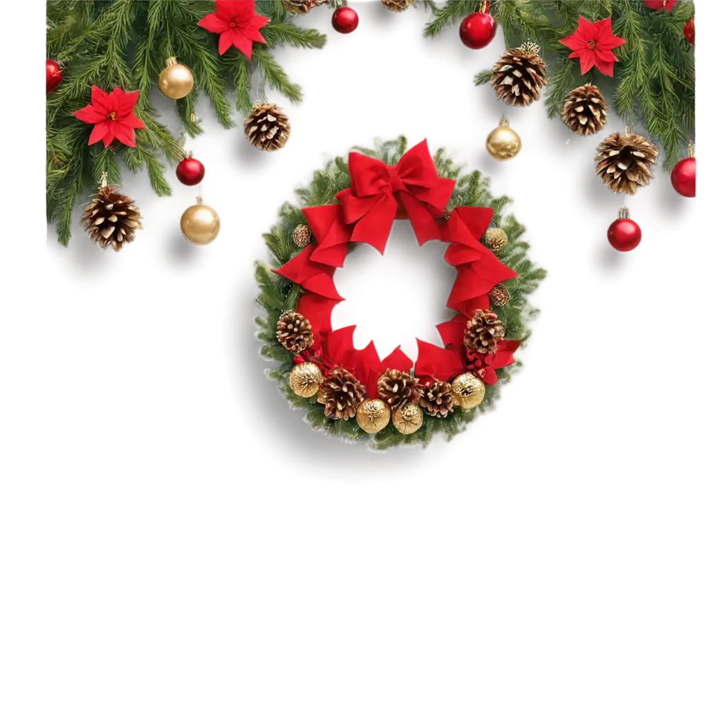 HighResolution-PNG-Christmas-Wreath-with-Poinsettias-Golden-Ornaments-and-Pine-Cones-for-Festive-Decor