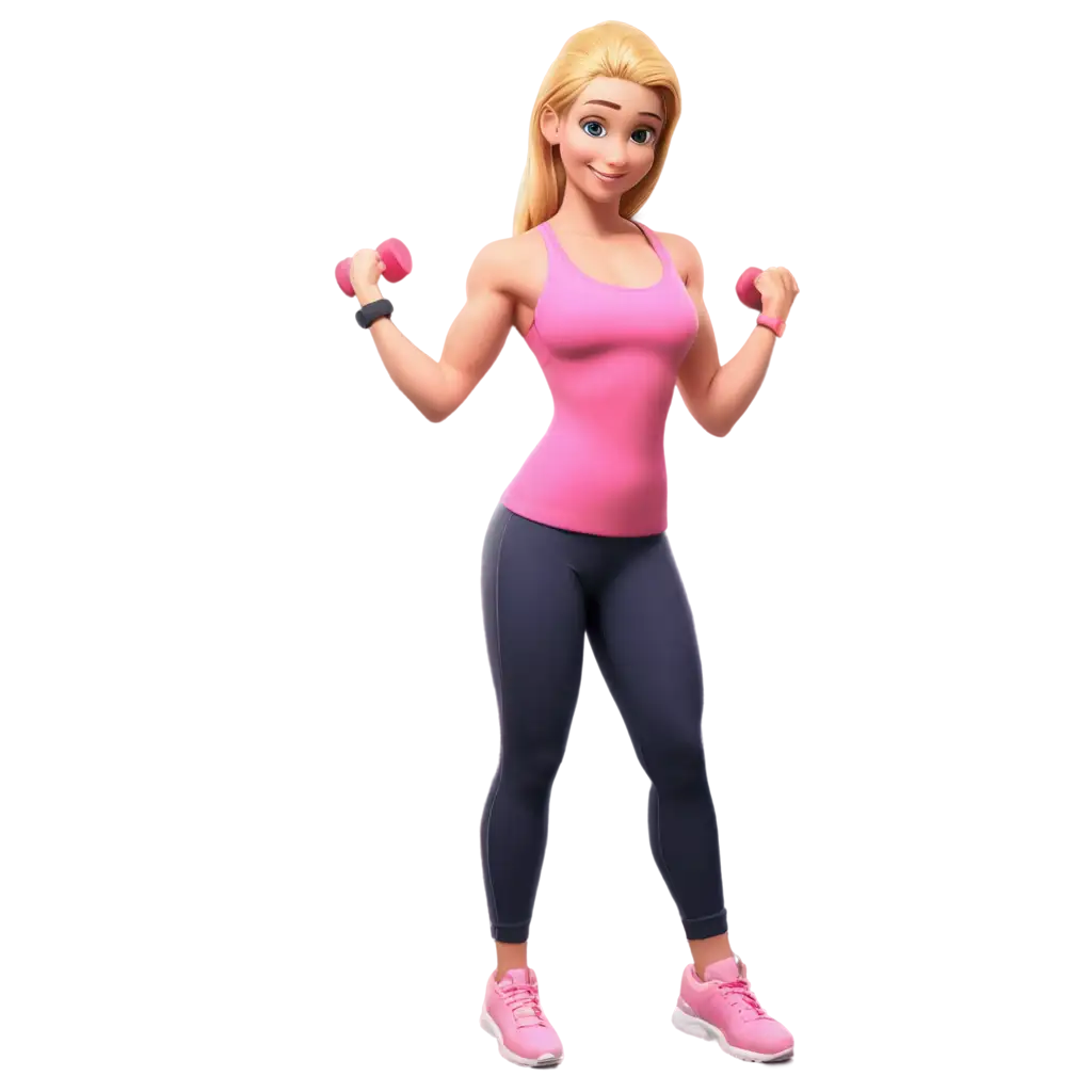 Blonde-Girl-in-Pink-Gym-Clothes-Holding-Dumbbell-PNG-Athletic-Cartoon-Character-Showing-Biceps