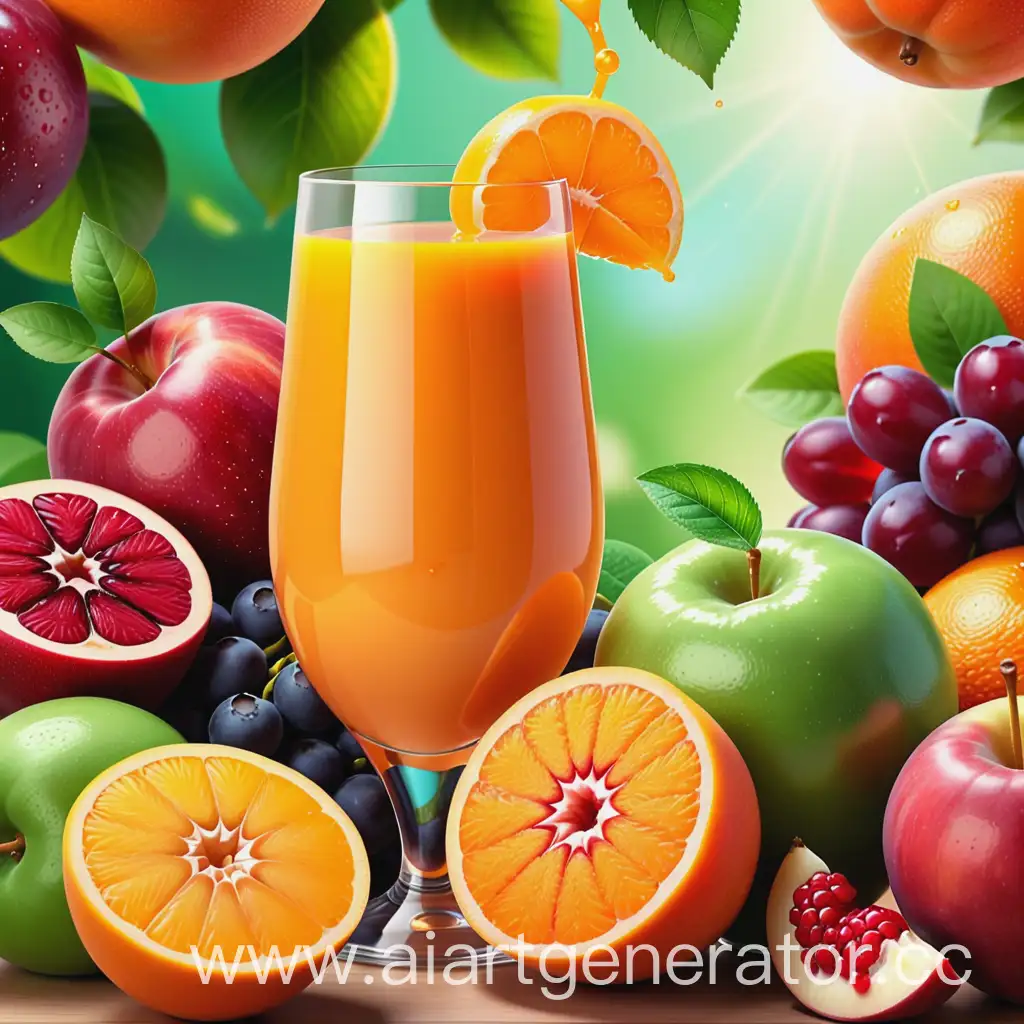 Logo of the manufacturer of natural refreshing juices. Image of fresh ripe fruits and juice,
a realistic image of a ripe fruit from which a drop of fresh, aromatic juice flows. Bright colors are associated with nature and the freshness of orchards