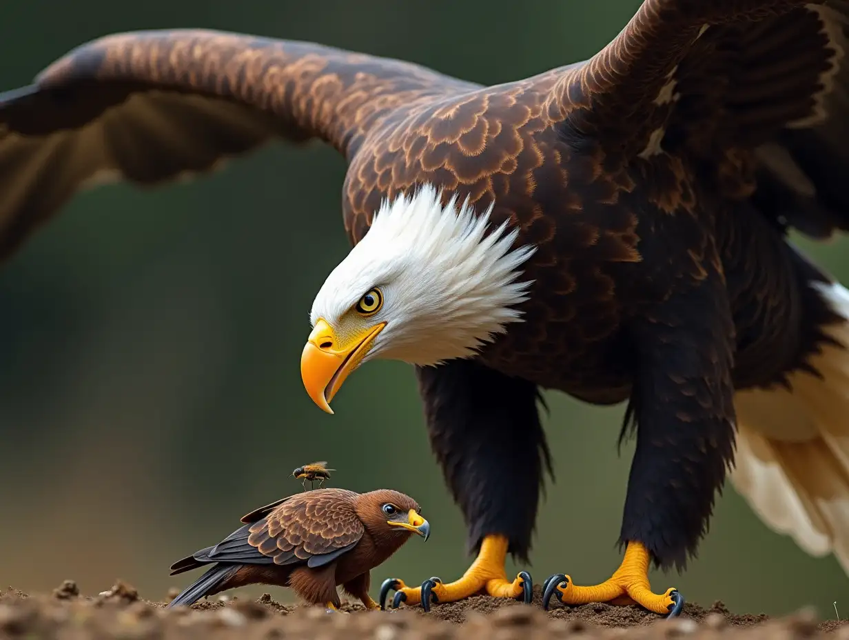 A majestic eagle focused intently on a larger prey below, ignoring small insects buzzing nearby, symbolizing the pursuit of significant goals over distractions.