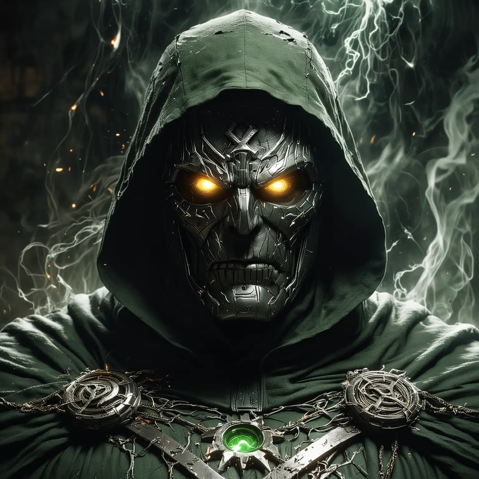 Dr. Von Doom using a combination of his Sorcerer, Energy Manipulation, and Telekinesis powers, close-up of Doom's intense gaze, mystical symbols in his eyes, energy tendrils swirling, levitated objects around him, Photography, captured with a 50mm lens, high resolution and crisp focus, --ar 16:9 --v 5