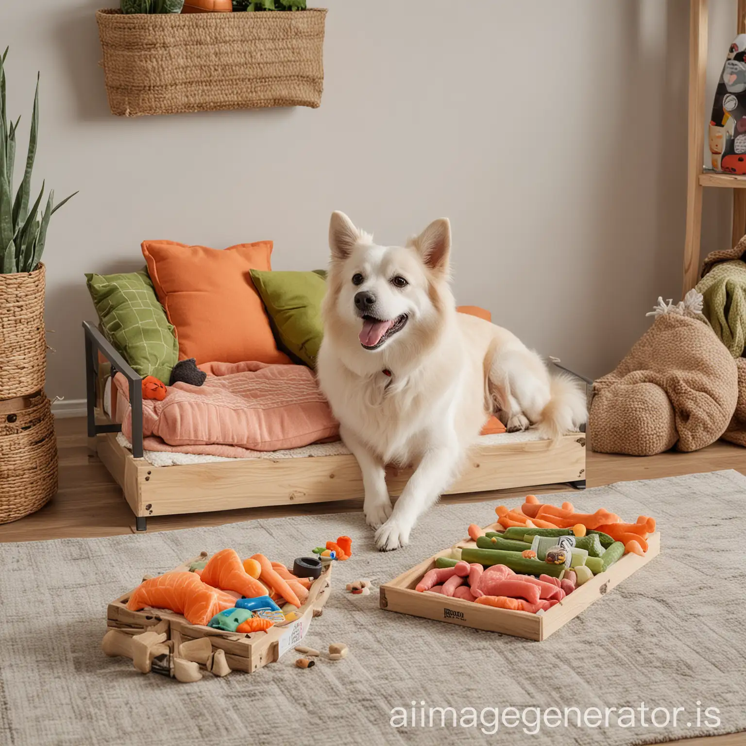 A cozy living room, with a comfortable sofa and several brightly colored pillows. There's a pet resting area in the corner of the room, with a small dog bed and some toys. In the center of the pet resting area, there is a transparent display rack showing the product ‘WILDEATS RAWHIDE ALTERNATIVE DOG CHEWS’. Next to the display rack, there's a label that describes the product features: ‘HIGH IN PROTEIN’, ‘PROMOTES DIGESTION’, ‘HEALTHY’. A happy pet dog sits next to the display rack, chewing on a dog chew toy, looking content. Next to the pet dog, you can place some healthy food icons, such as fresh salmon and vegetables.