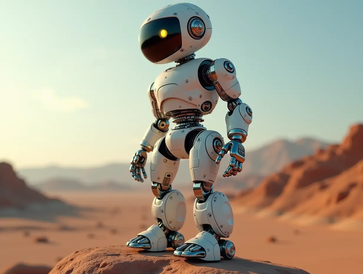 Create a high-resolution, realistic image of the artificial intelligence Robert with robot legs and metal and glass feet, with gears, light wave guides, LEDs in the desert on a rock. Lighting in 4K resolution.