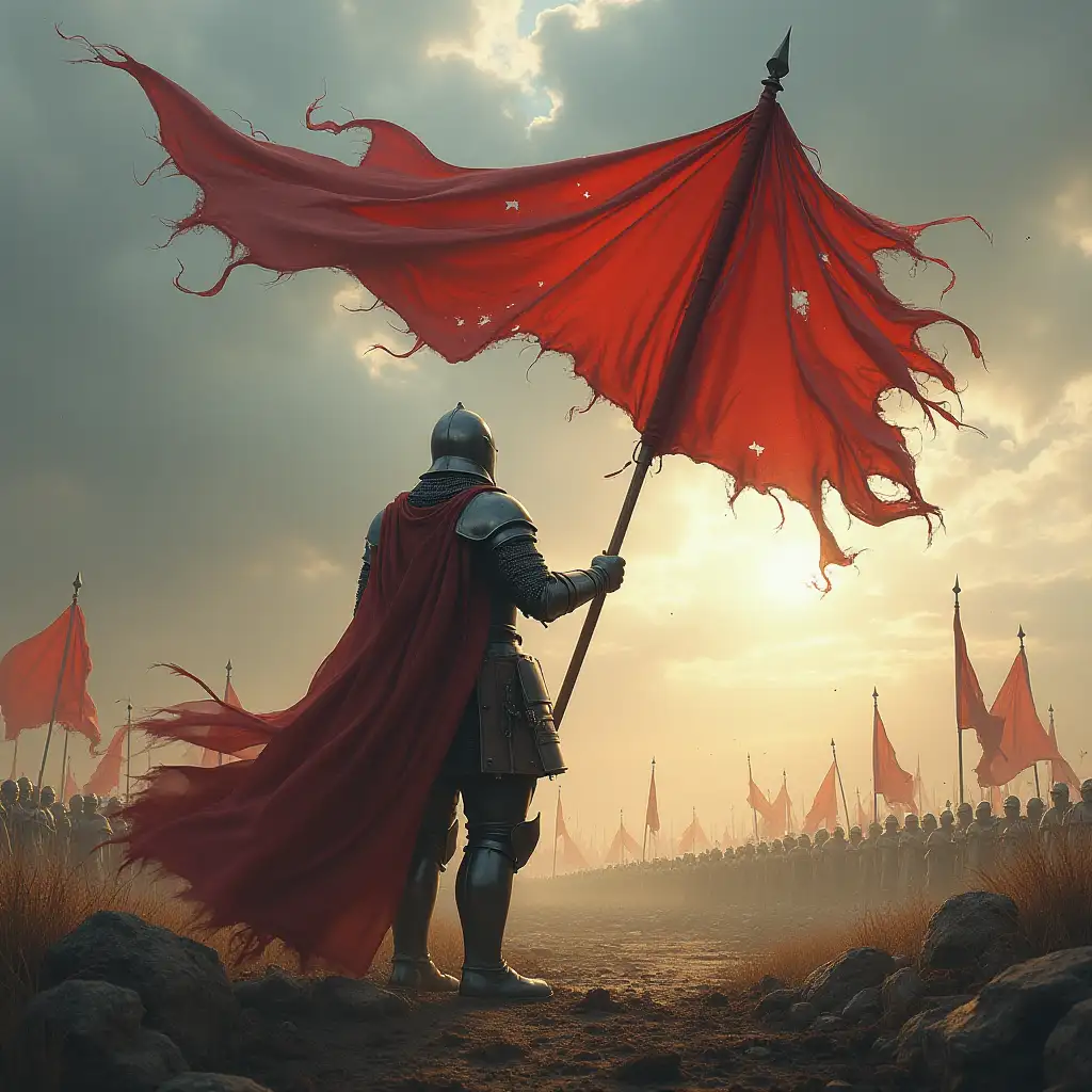 The knight stands in the midst of a battlefield, gripping a fallen banner torn by the wind. Despite the destruction around them, they raise the banner again, standing firm against the wind, symbolizing persistence, leadership, and standing tall in the face of defeat.