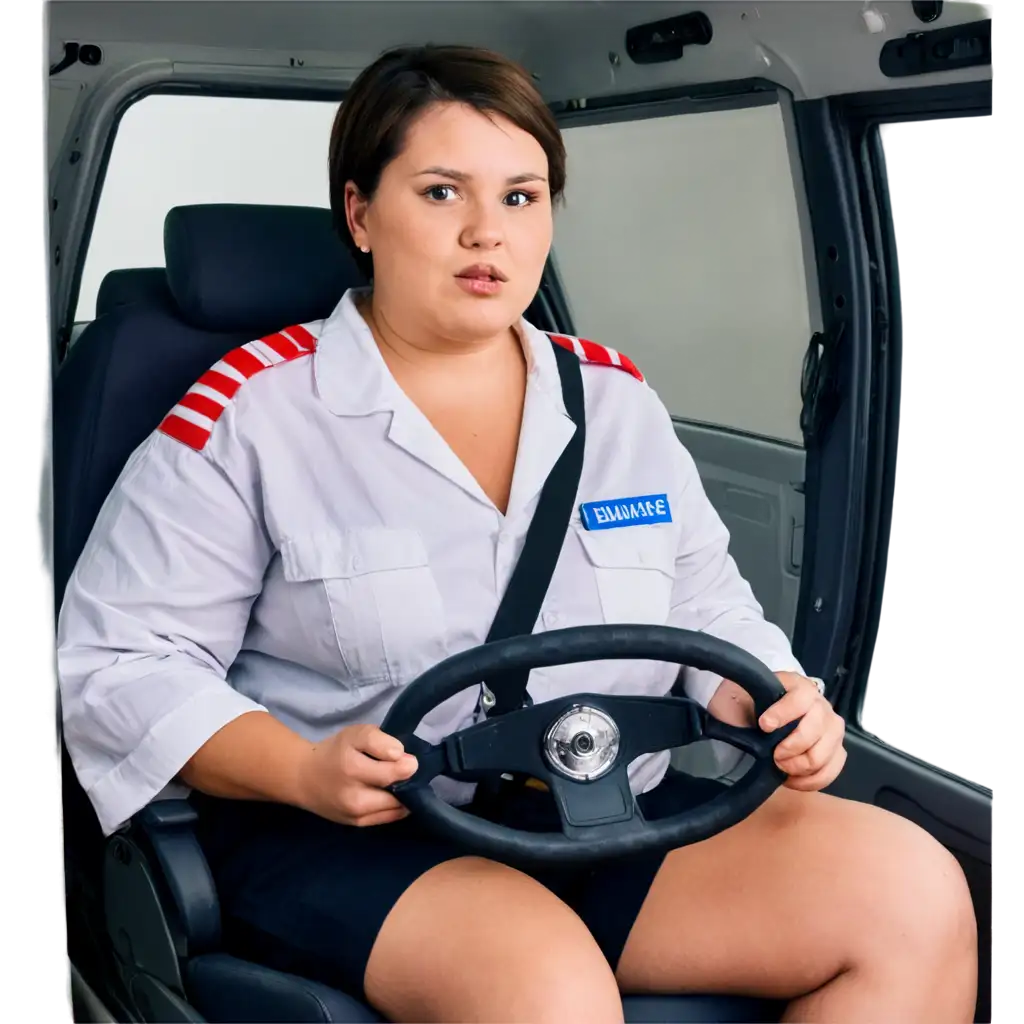 Chubby-Woman-with-Short-Hair-Driving-Ambulance-PNG-Image-Creative-Concept-for-Health-and-Emergency-Services