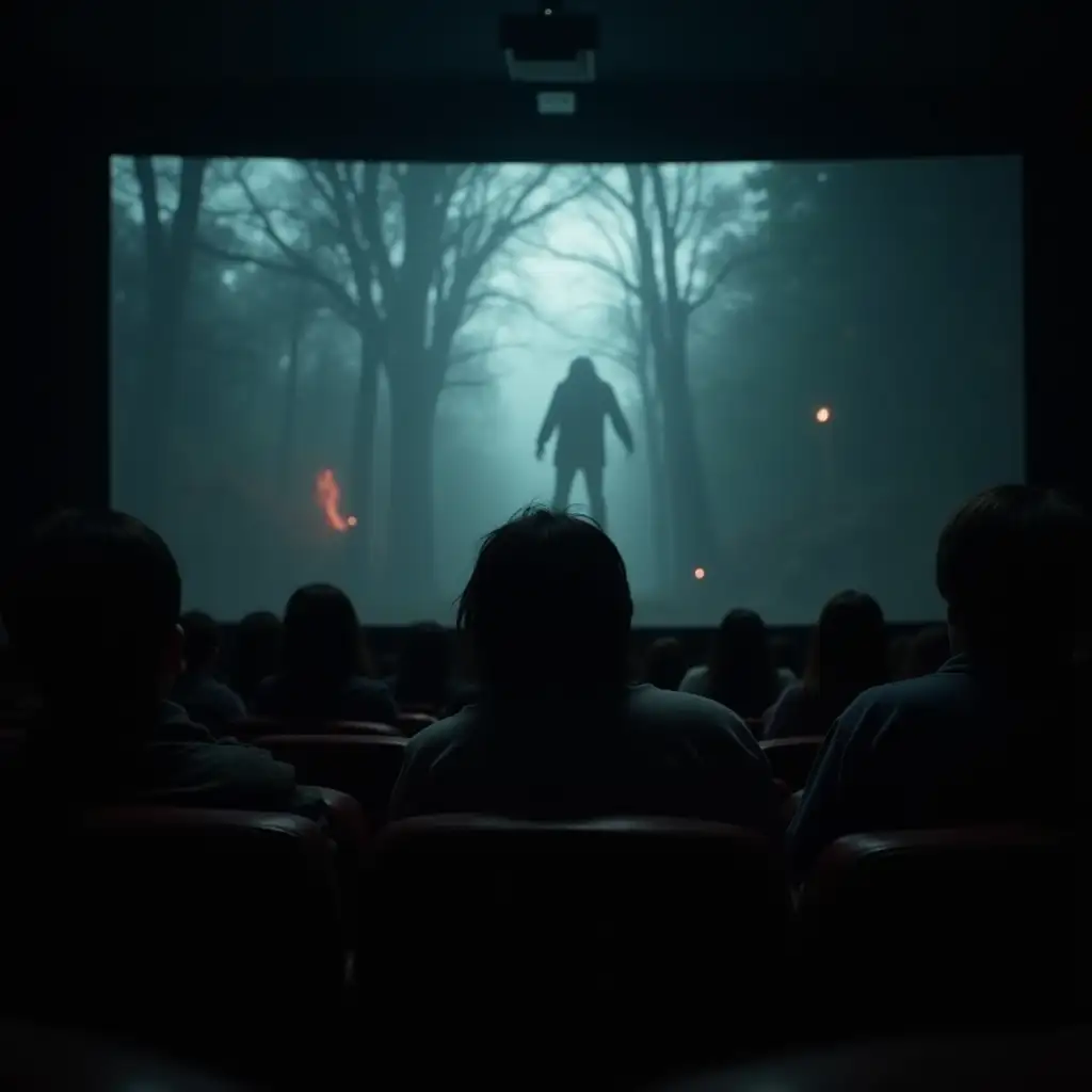 Audience Watching a Scary Korean Horror Film on a Large Theater Screen