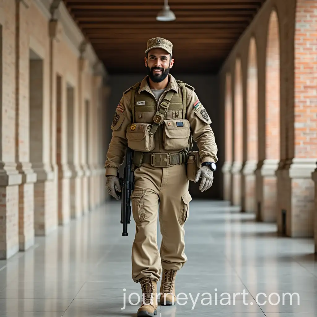 Arab-Mercenary-in-Military-Camouflage-Walking-Through-Spacious-Corridor