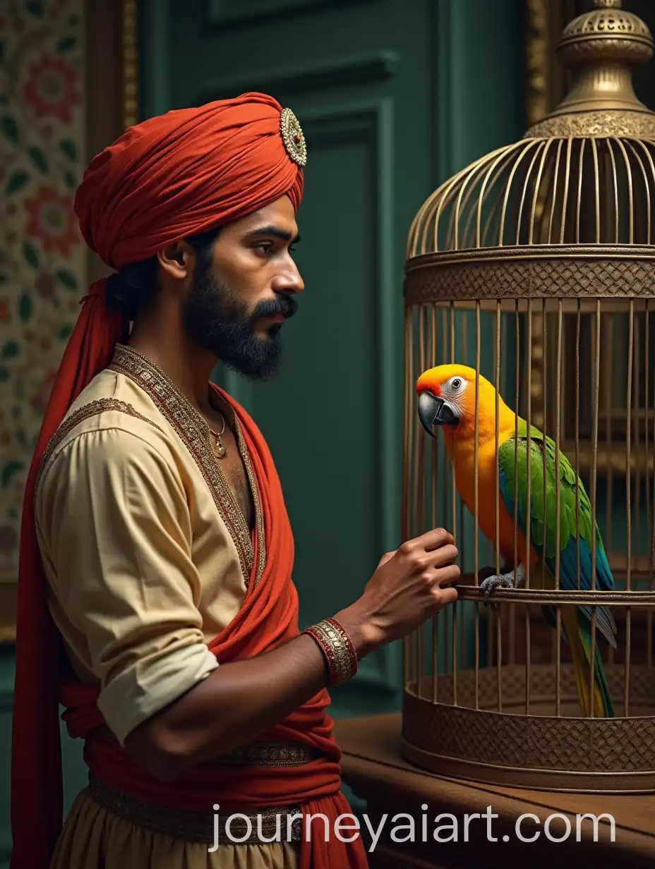 Wealthy-Young-Indian-Merchant-Talking-to-His-Parrot-in-a-Cage