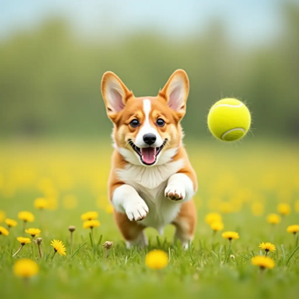 Corgi-Dog-Joyfully-Chasing-a-Tennis-Ball-in-a-Dandelion-Field