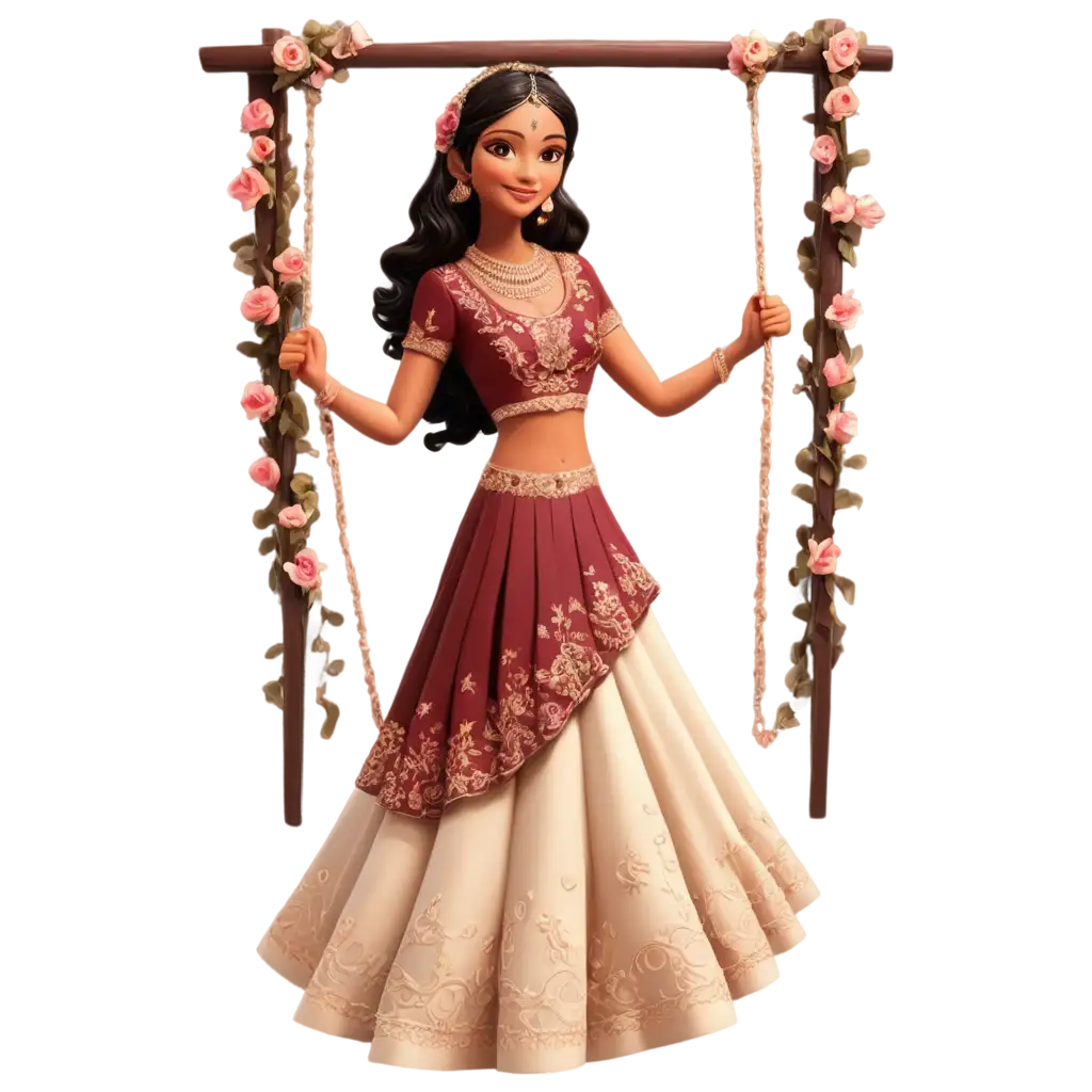 Stunning-PNG-of-a-Cartoon-Indian-Bride-in-Maroon-and-Cream-Fishtail-Lehenga-on-Swing-with-Florals