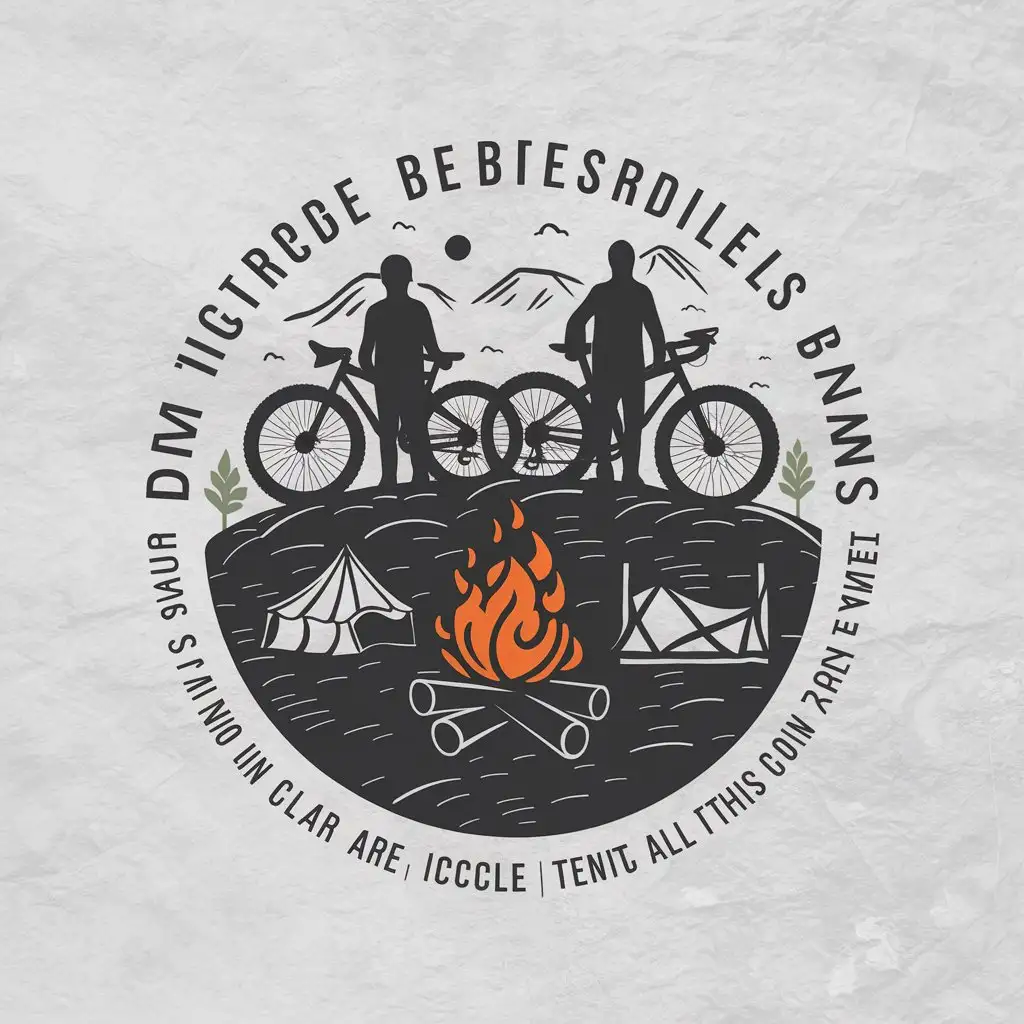 a vector logo design,with the text "on the backdrop are bicycles gravels with standing men, in the foreground a campfire, tent and all this is located on the planet", main symbol:Circle,complex,be used in Bicycle industry,clear background