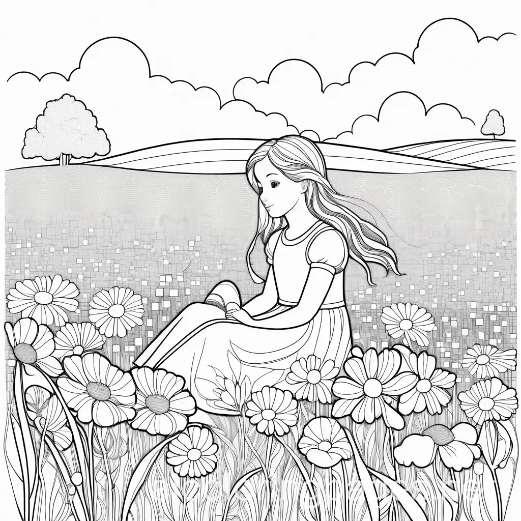 Young-Girl-Daydreaming-in-a-Flower-Field-Coloring-Page