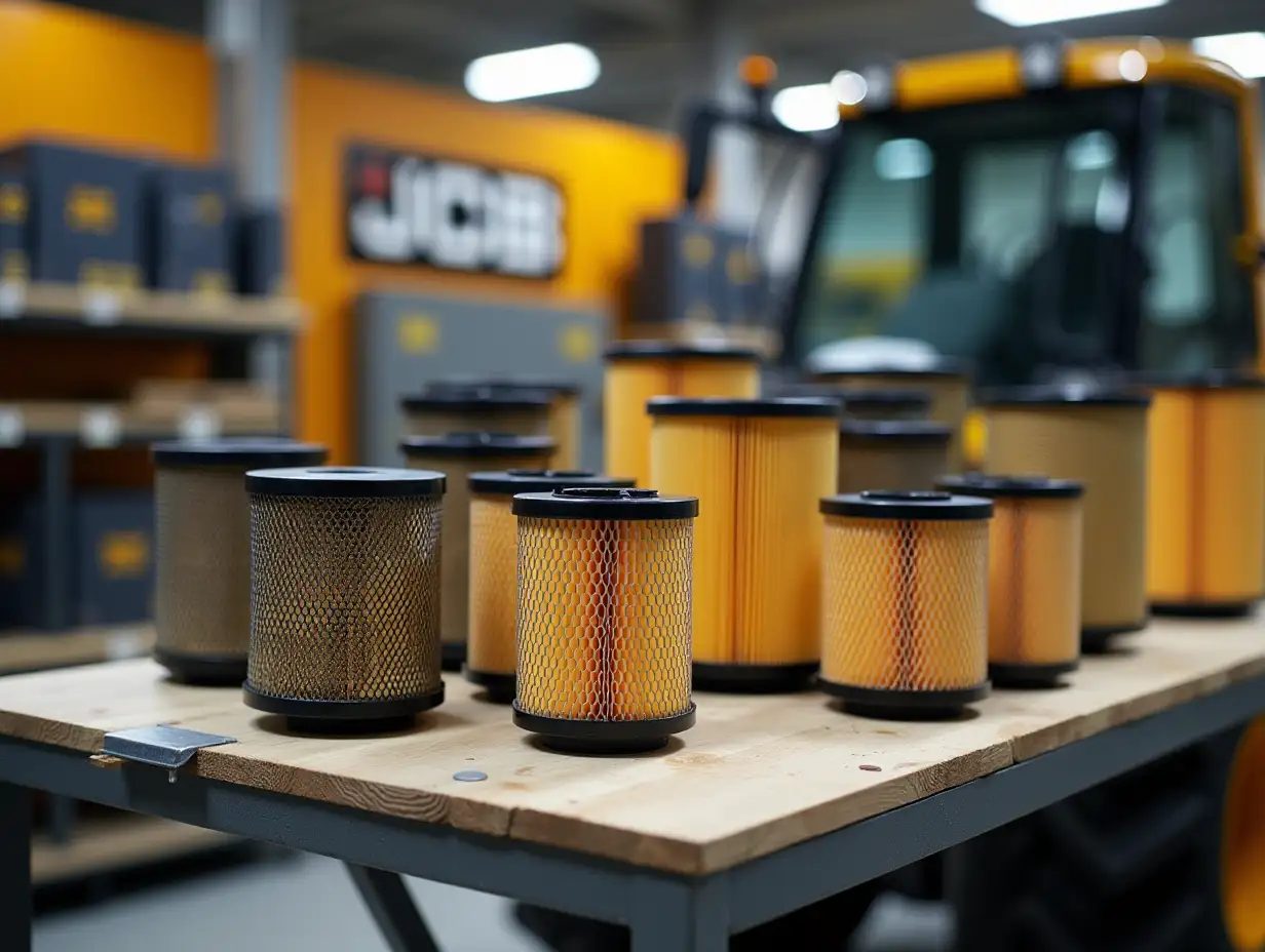 In the JCB automotive parts and filters store there is a table on which various JCB filters are presented