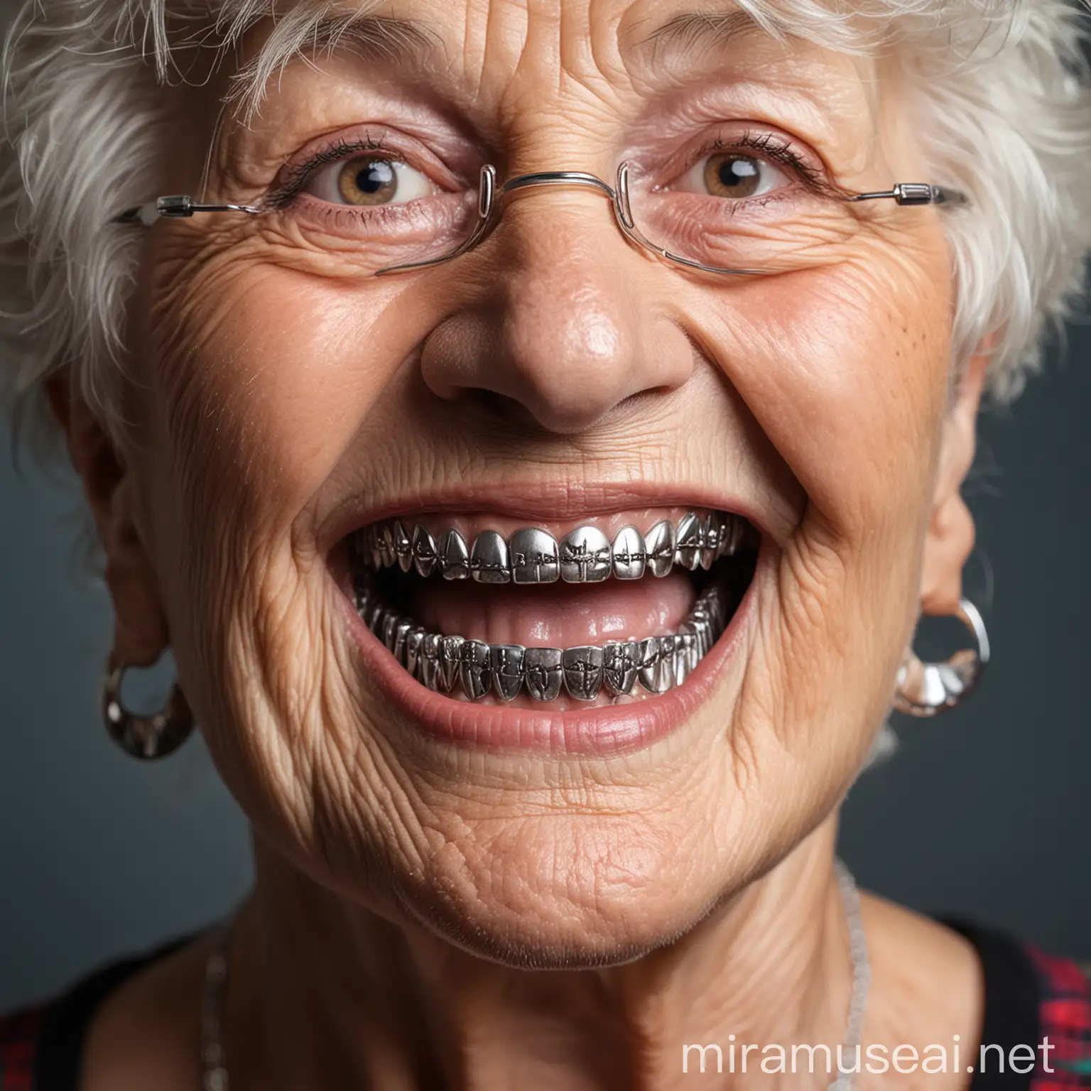 CloseUp Portrait of a Granny Wearing Metal Grillz