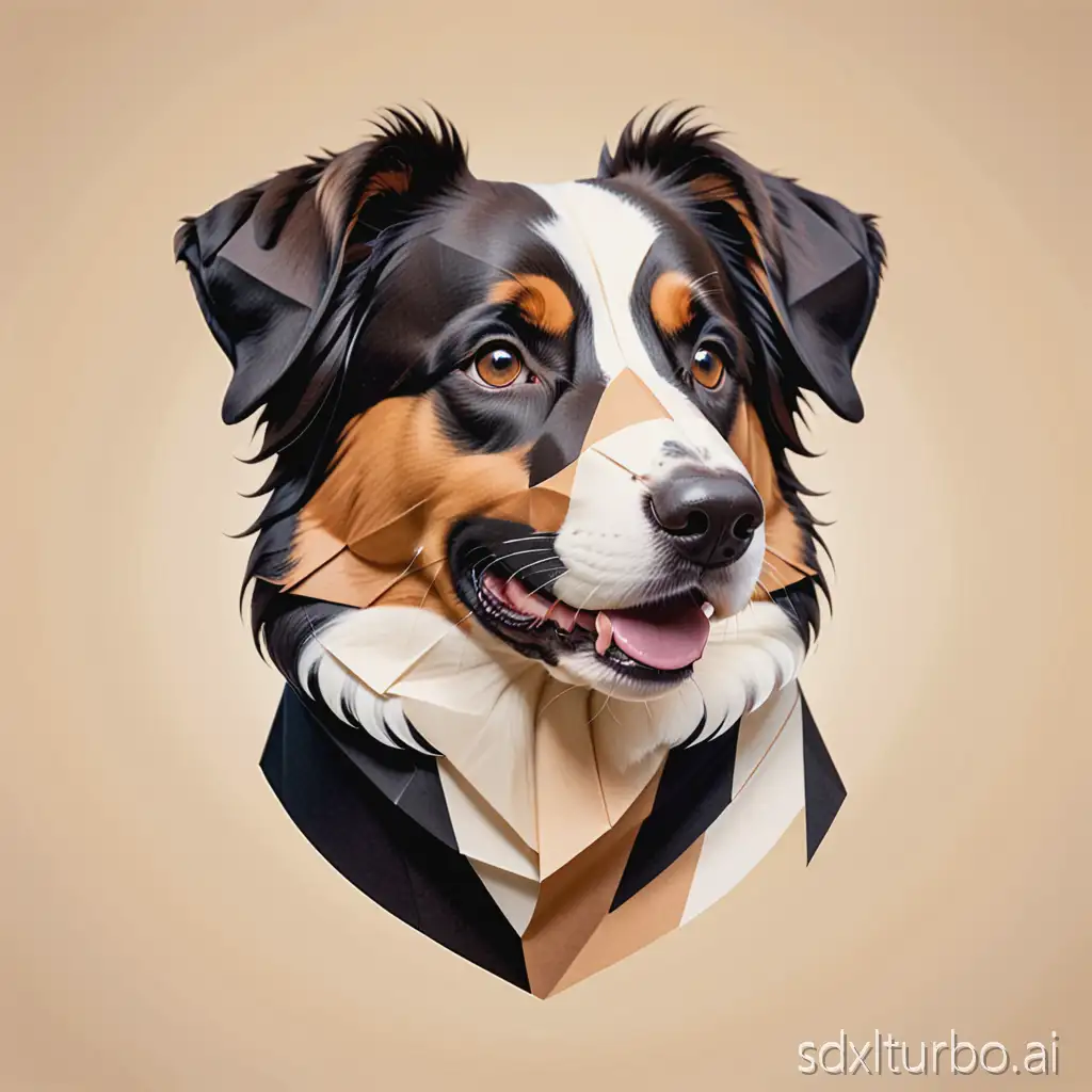 kawaii dog face logo of an English Shepherd, origami-inspired geometric facets, cheerful round eyes, big smiling mouth, flat vector style, limited palette based on English Shepherd coat colors (black #000000, warm tan #D2A679, sable brown #8B5A2B, creamy white #F3E5AB), white markings on neck, chest, and forehead, tri-color contrast (black, tan, white), no merle, high contrast, simple silhouette, transparent background, printable logo, no text, minimal detail