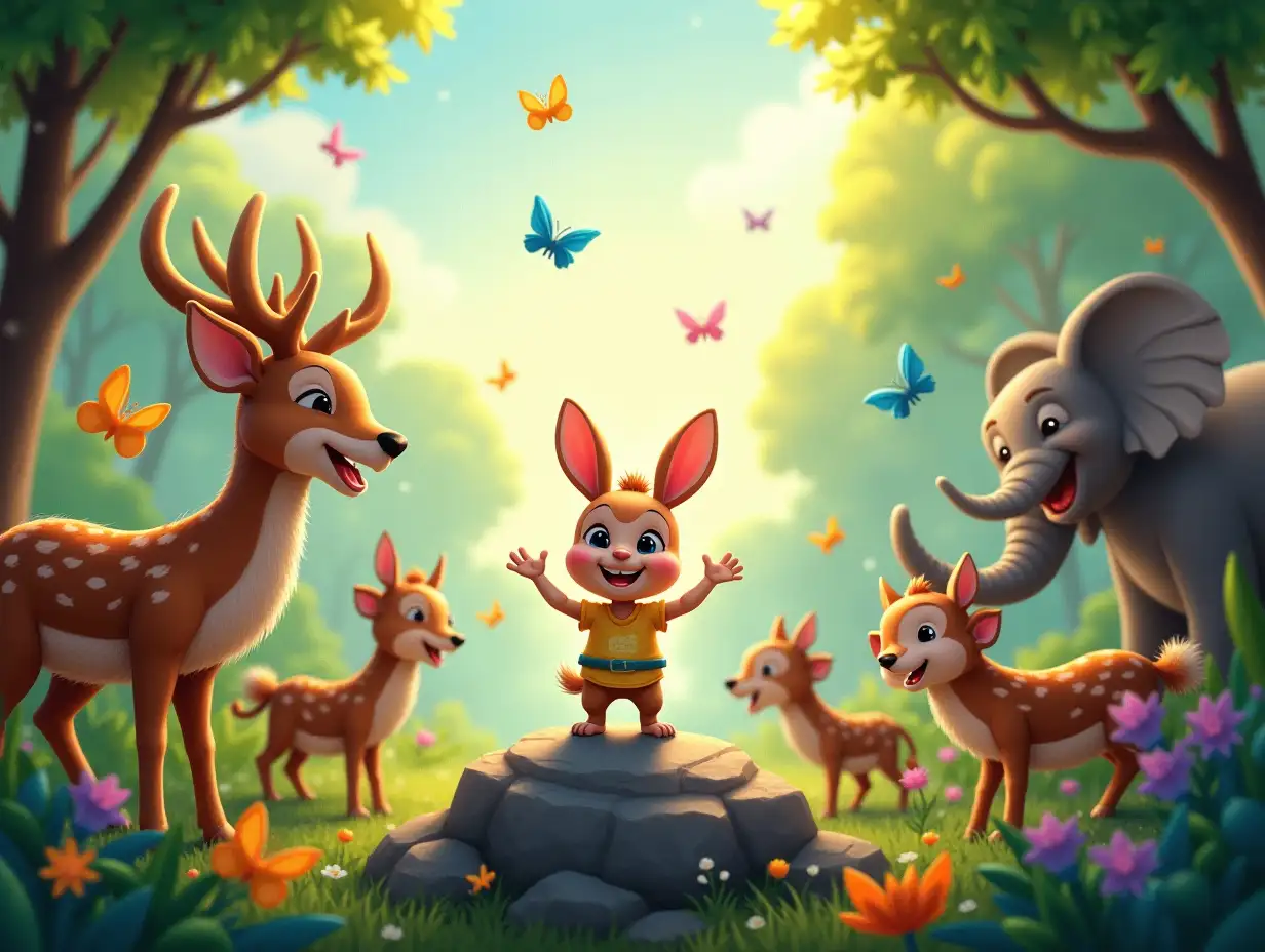 A joyful jungle scene where all the animals are celebrating. The deer, monkeys, elephants, and birds are happily dancing and cheering. The small rabbit stands proudly on a rock, smiling as the hero of the jungle. The atmosphere is bright and colorful, with butterflies flying and flowers blooming all around.