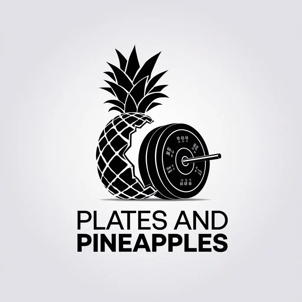 LOGO Design for Plates and Pineapples Black White Minimalistic Pineapple with Gym Plates Symbolism