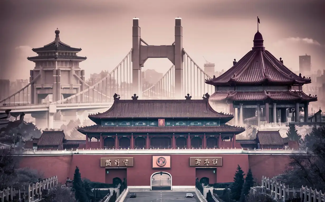 Create a background image about the Lei Feng Memorial Hall, Yalu River Bridge, and Shenyang Anti-American Aid to Korea Martyrs Cemetery debate competition