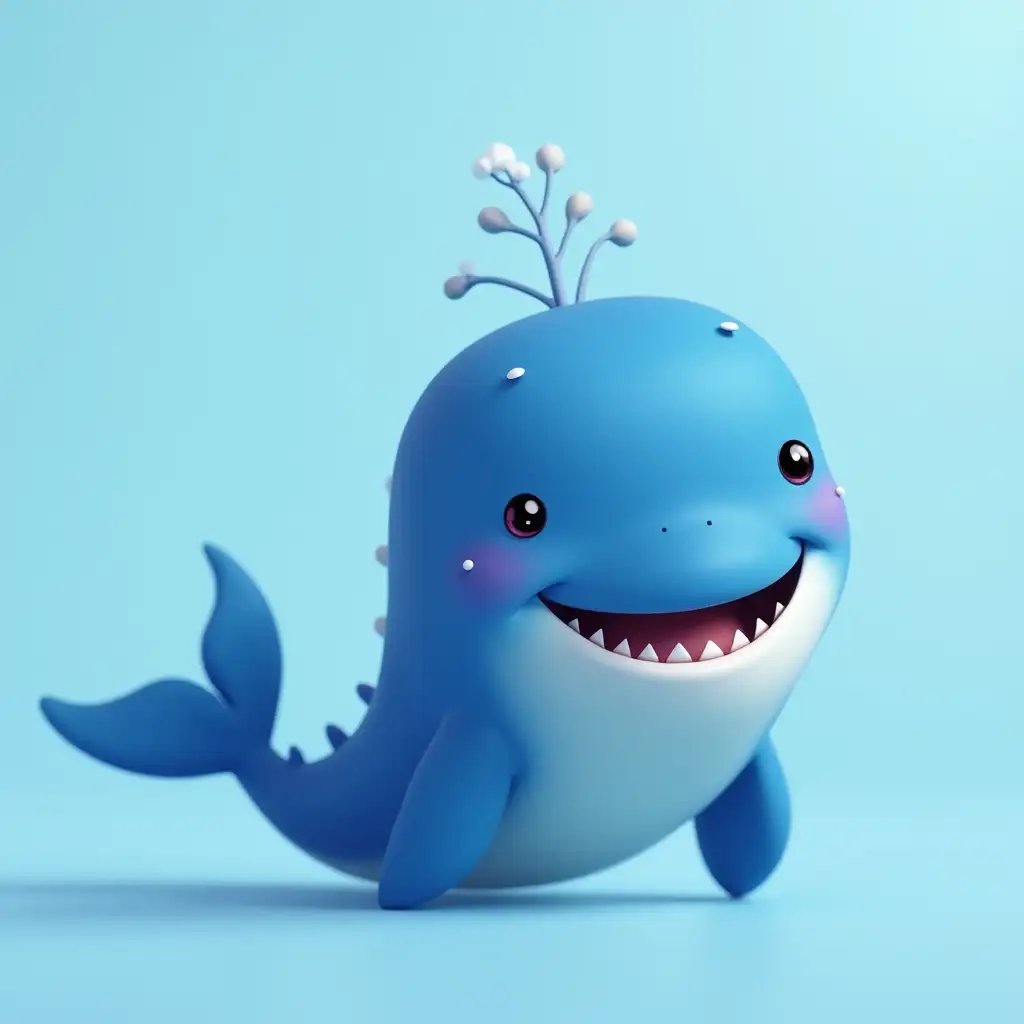 Animated whale in the style of Pixar smiles and waves its fins like hello