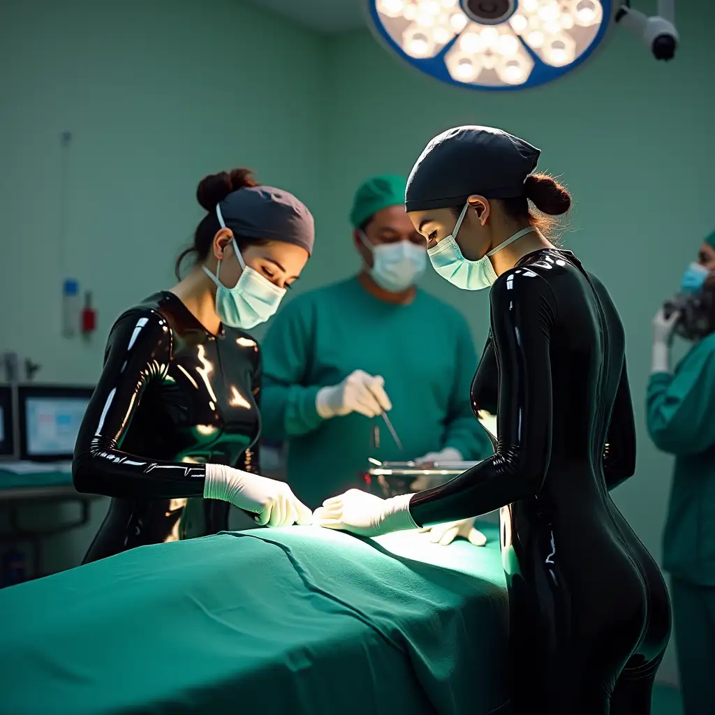 hospital operating theater setting, an  extremely thin young woman surgeon carrying out a complicated operation , the surgeon is wearing a very shiny skin tight black latex catsuit,  she is wearing a  face mask and cap,  A nurse is holding an instrument tray, the nurse is dressed in a  nurses uniform,  a nurse is moping the brow of the sweating surgeon, the surgeon is operating on a patient, the patient lies on the operating table covered in a green sheet