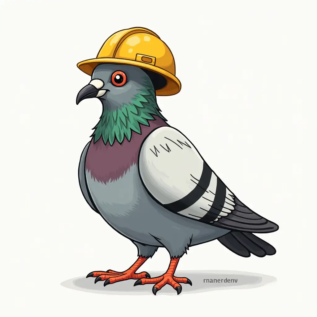 Draw a realistic pigeon in an engineering helmet. The pigeon should have a Lego constructor in its wings