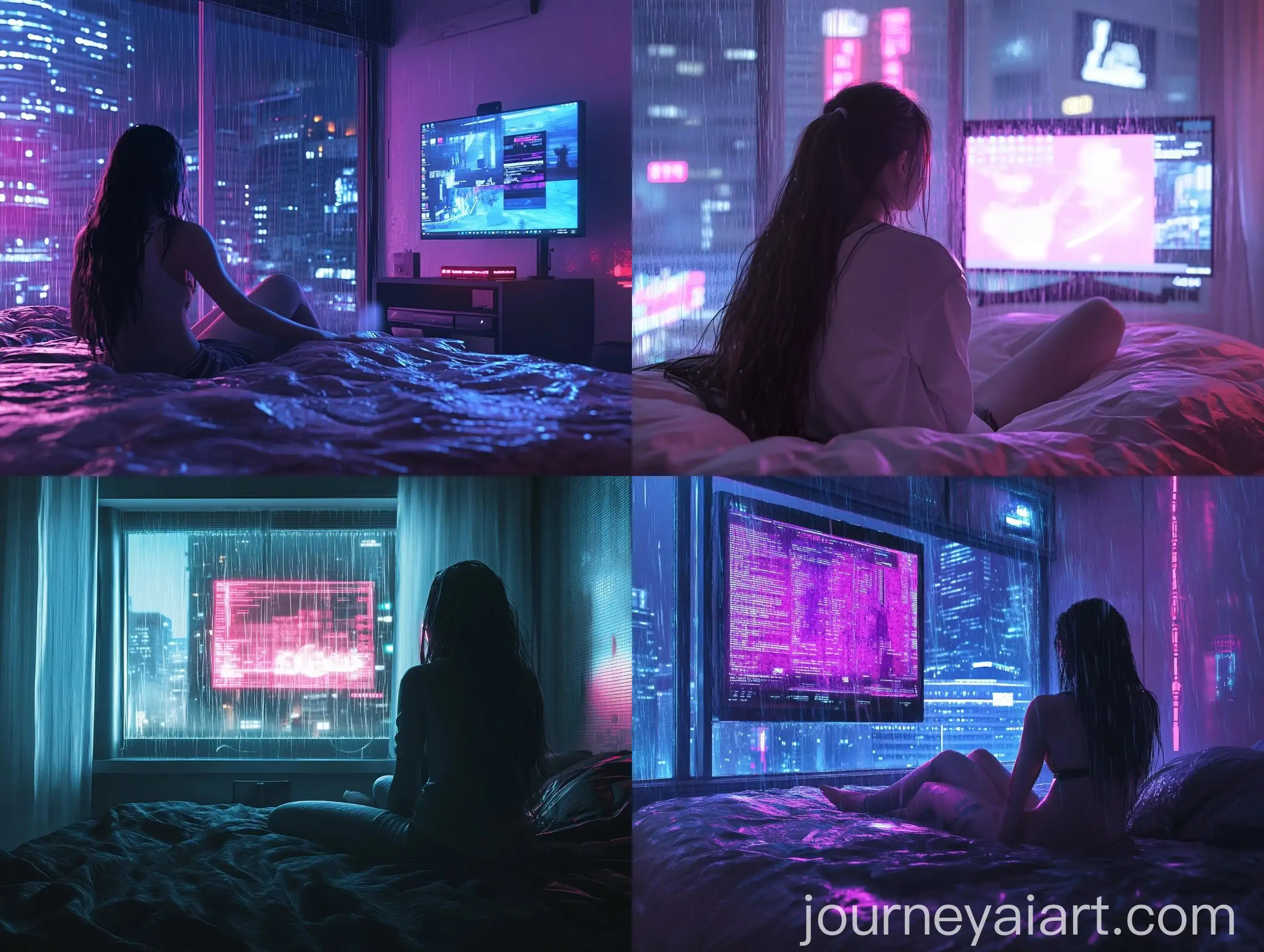 Cyber-Girl-in-Bedroom-with-Rainy-Window-and-PC-Display